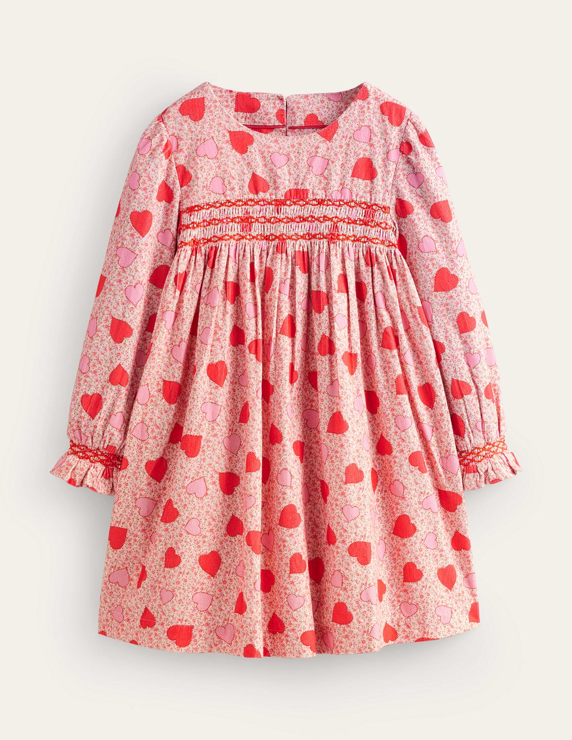 Cord Smocked Dress-Ballet Pink Heart Floral - Image 1