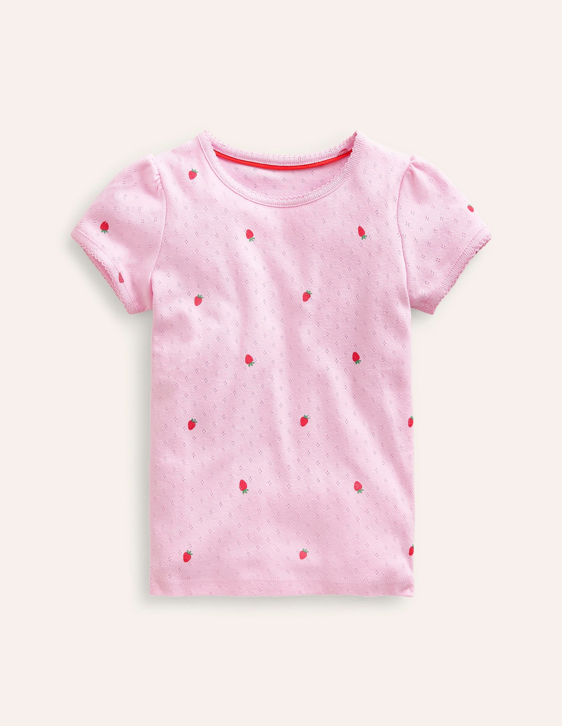 Short-sleeved Pointelle Top-Sweet Pea Pink Strawberries - Image 1