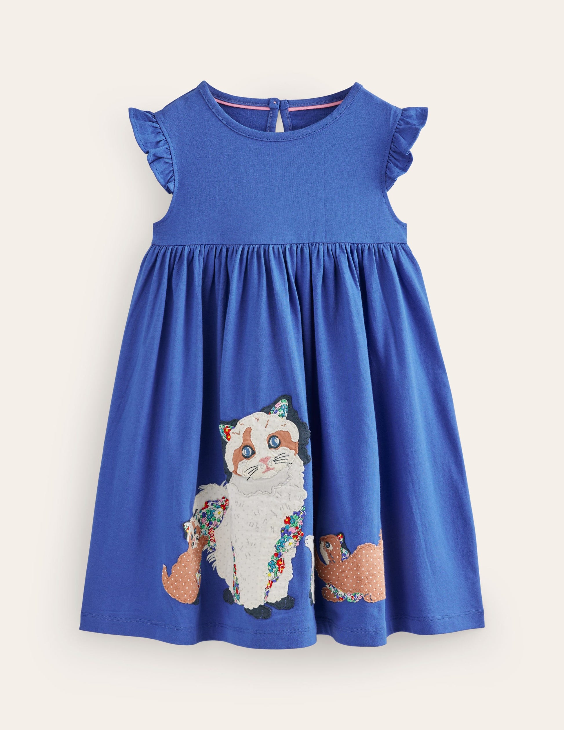 Frill Sleeve Appliqué Dress-BlueJay Cats-1