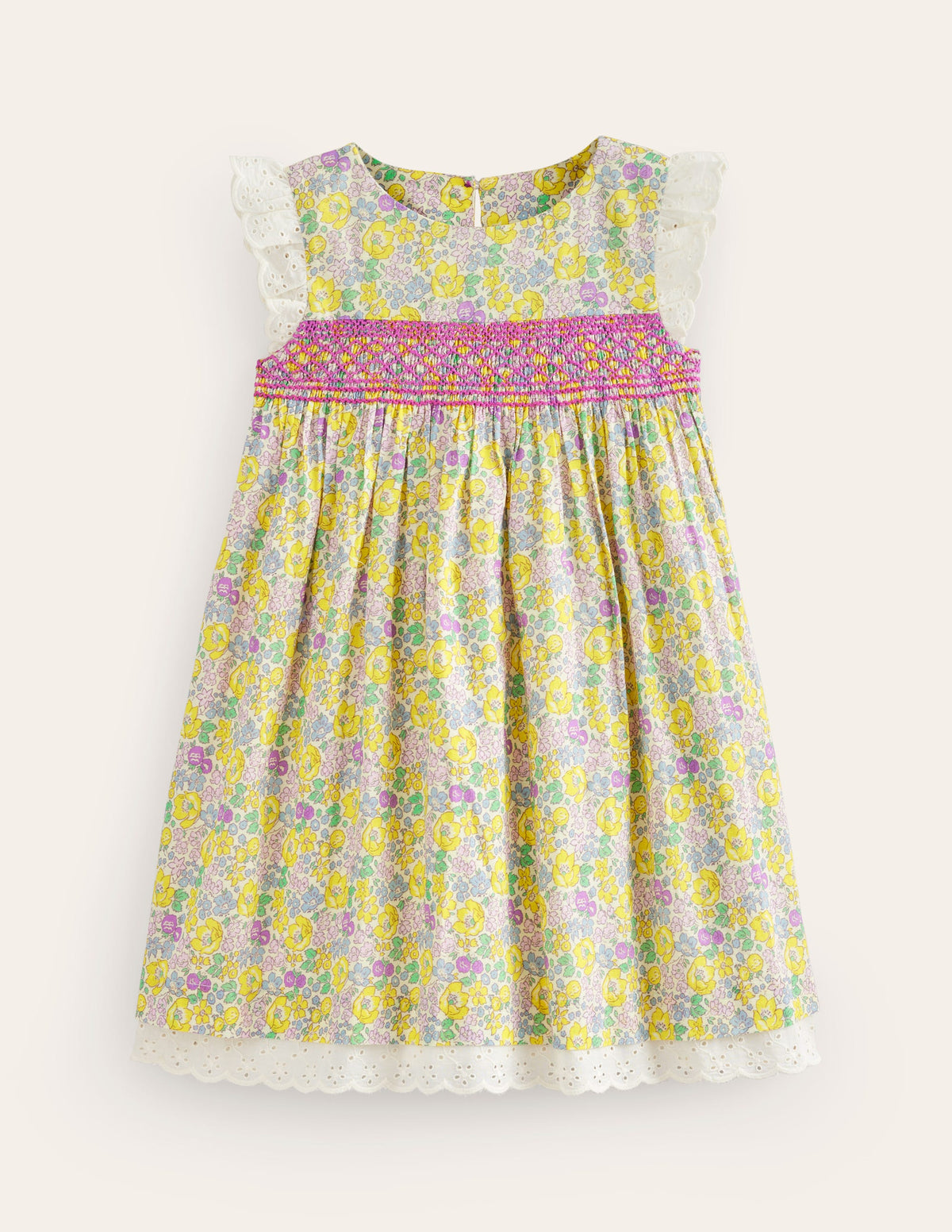 Smocked Lace Trim Dress-Yellow Spring Bloom - Image 1