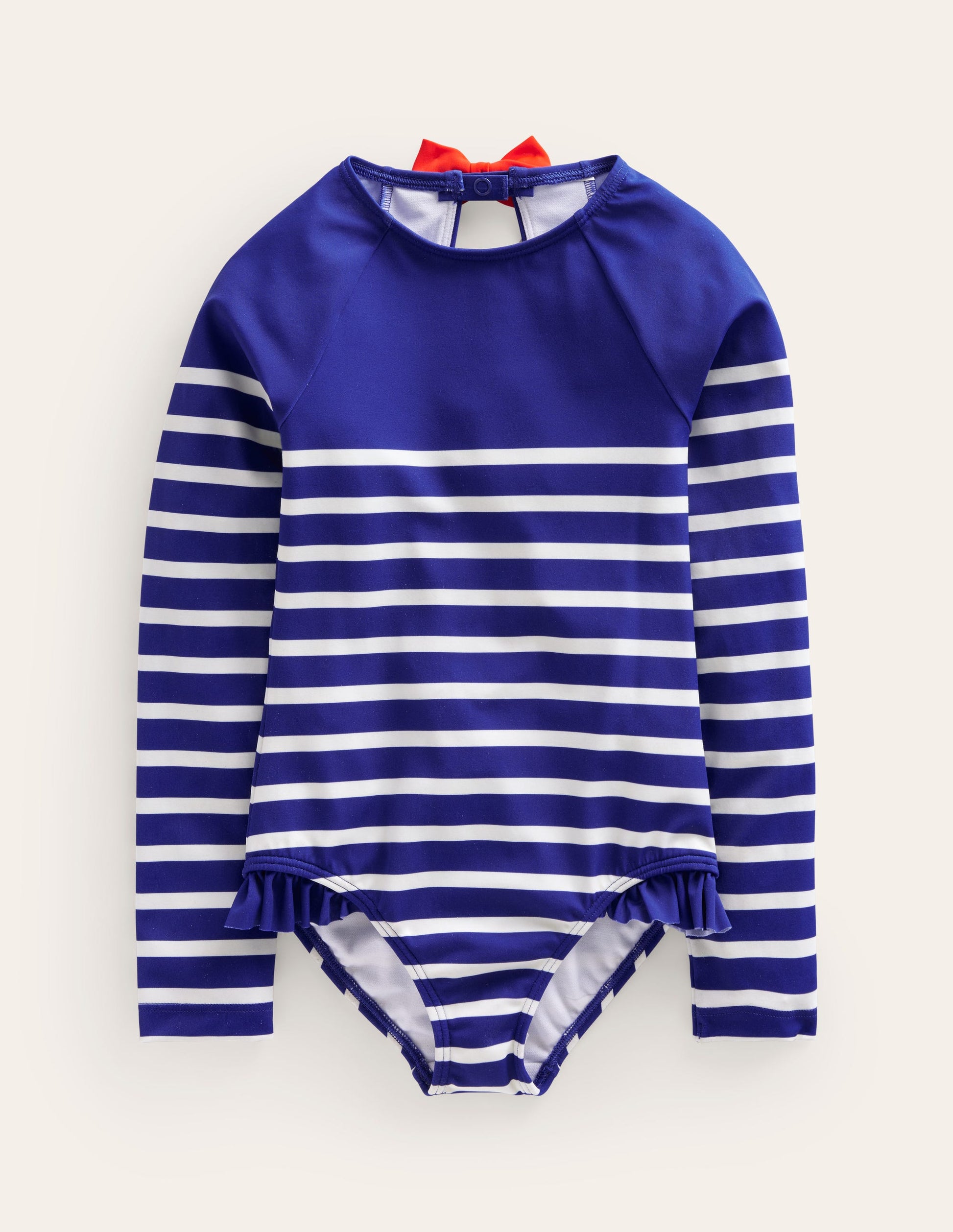 Long Sleeve Frilly Swimsuit-Sapphire Blue, Ivory Stripe-1