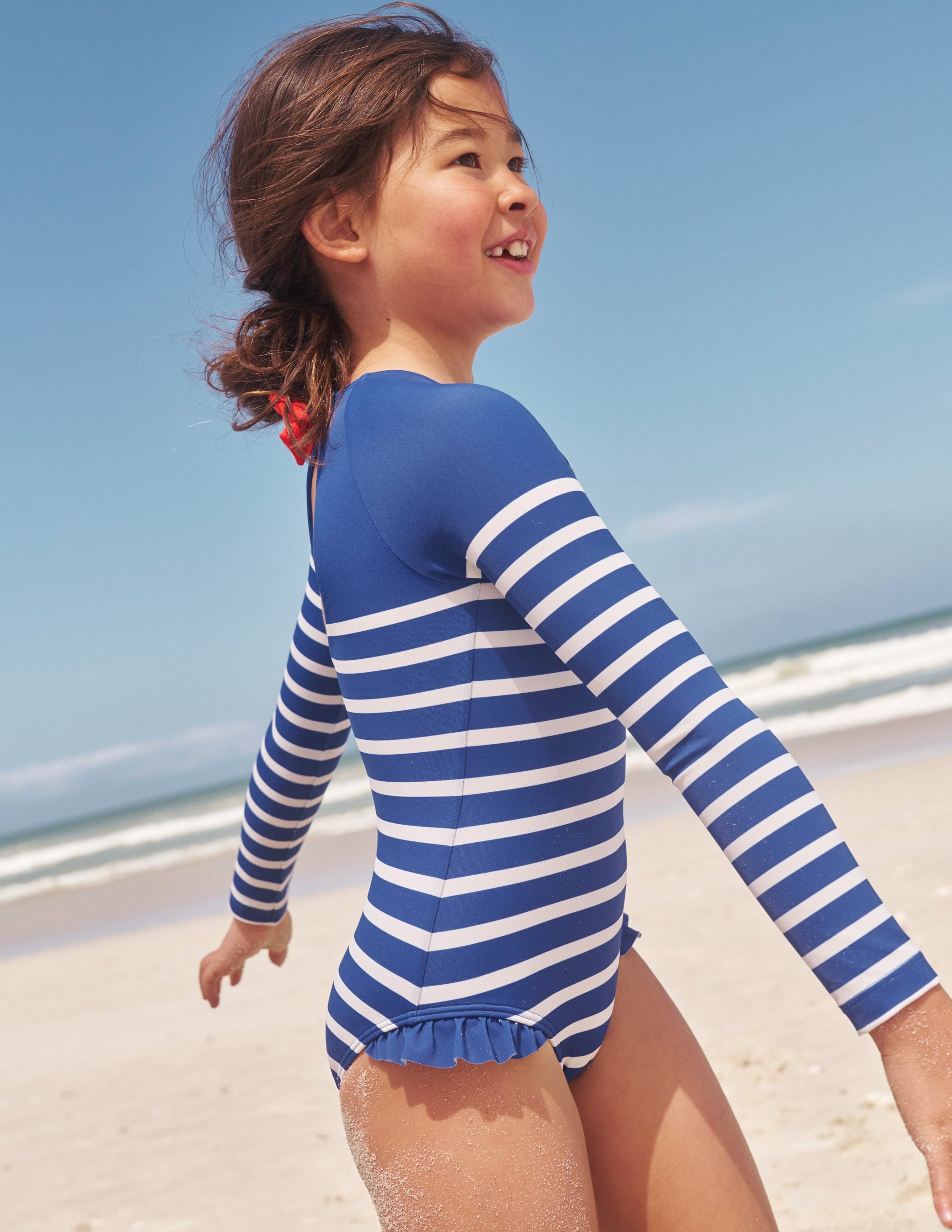 Long Sleeve Frilly Swimsuit-Sapphire Blue, Ivory Stripe - Image 4