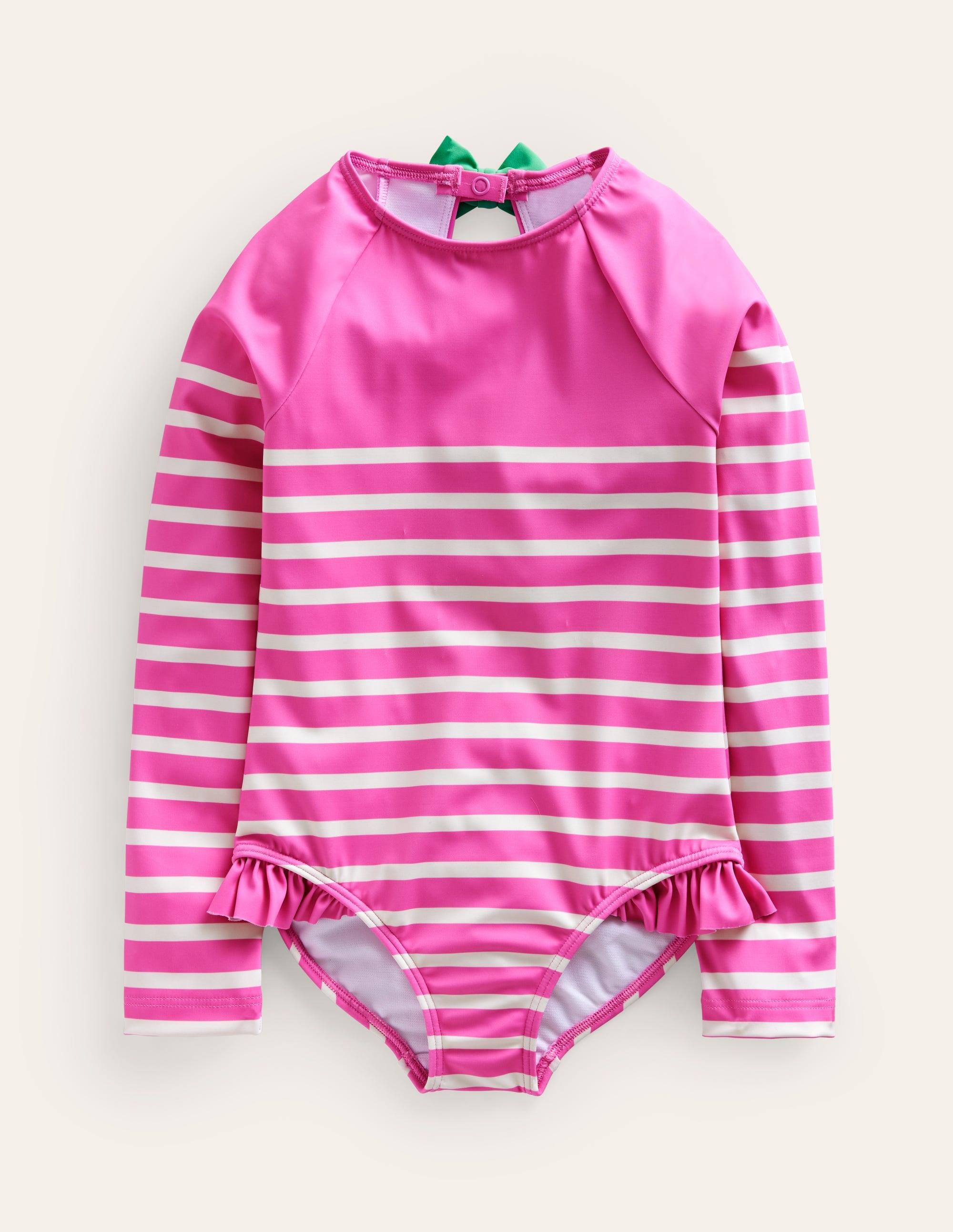 Long Sleeve Frilly Swimsuit-Pink, Ivory Stripe - Image 1