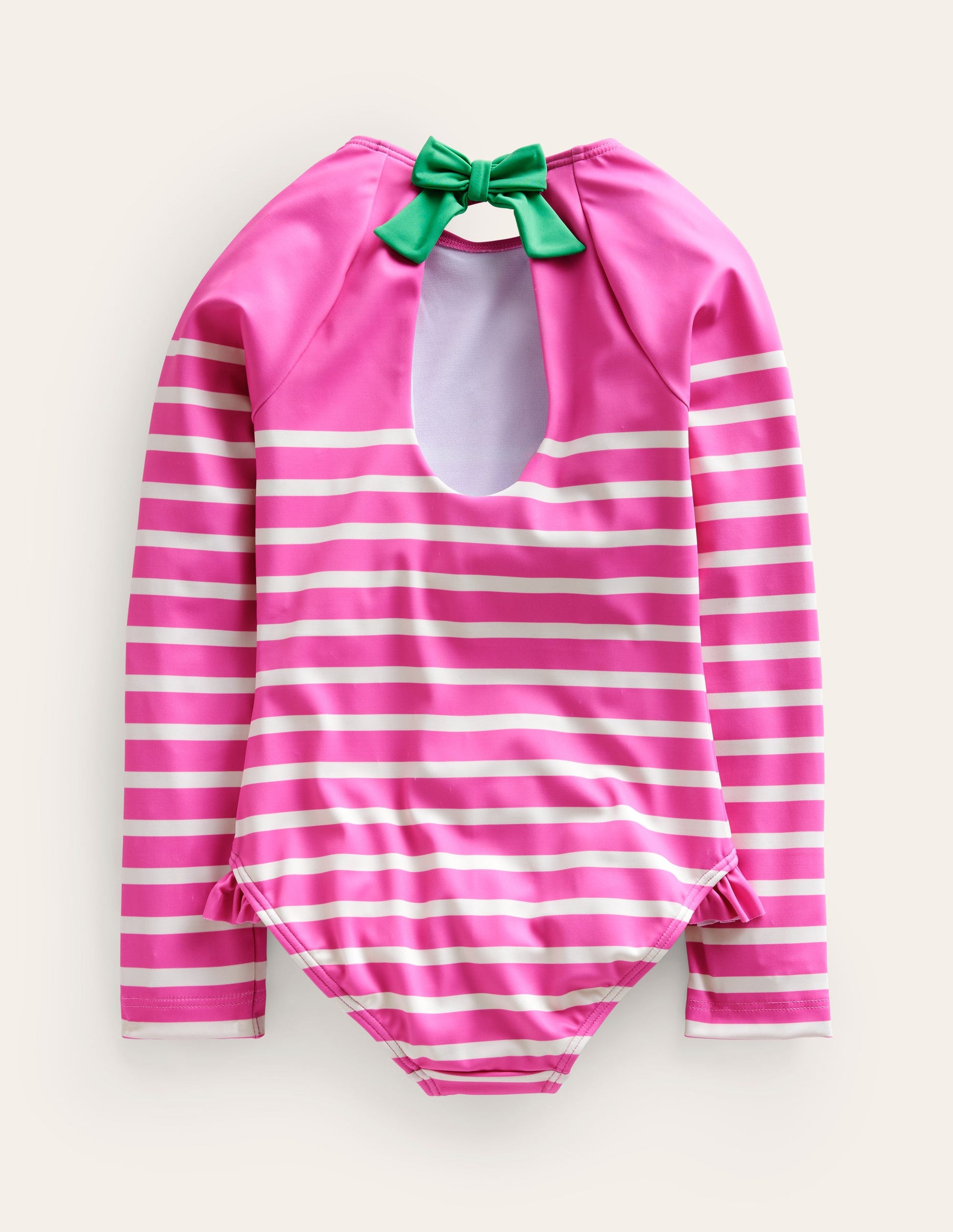 Long Sleeve Frilly Swimsuit-Pink, Ivory Stripe-2