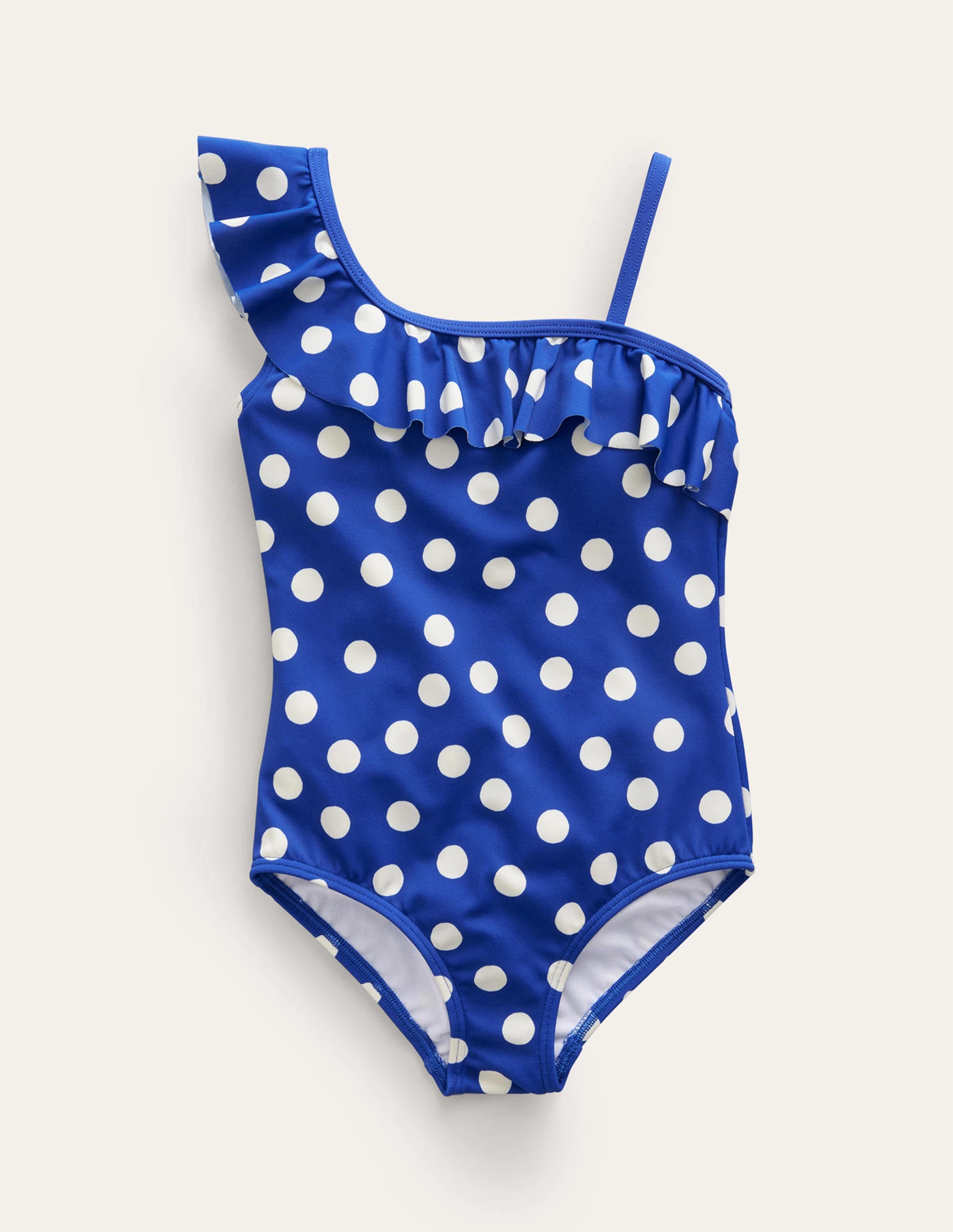 One Shoulder Frill Swimsuit-Navy, Ivory Spot - Image 1