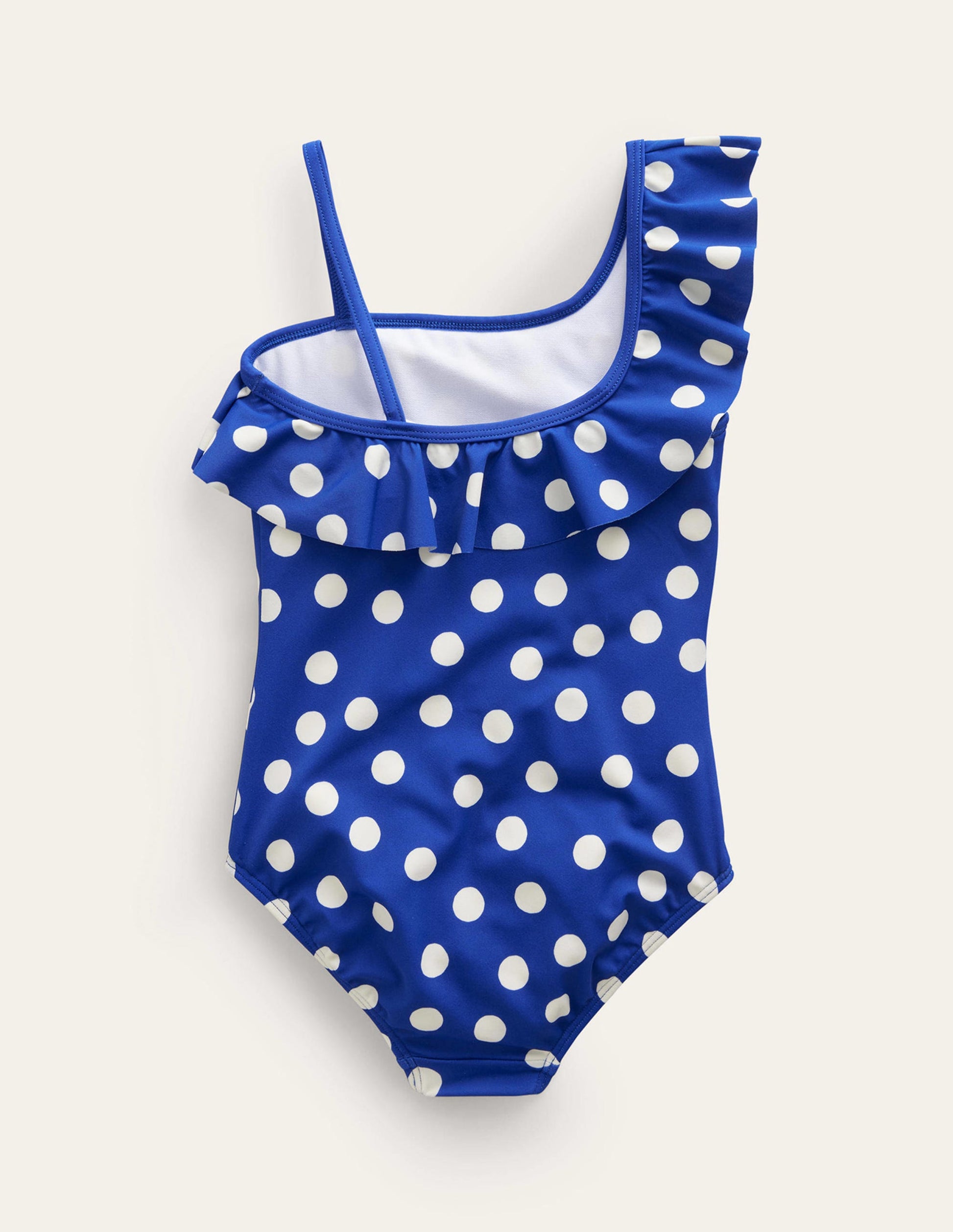 One Shoulder Frill Swimsuit-Navy, Ivory Spot-2