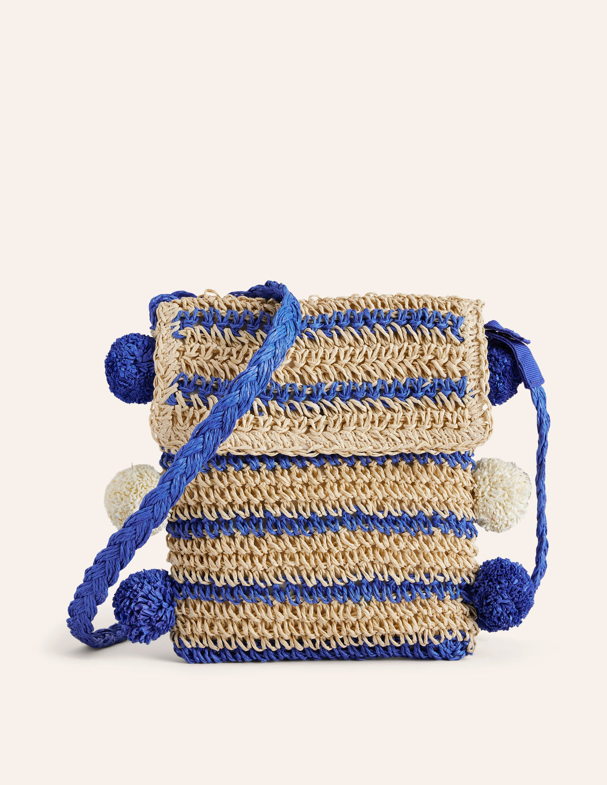 Cross-Body Straw Bag-Blue Stripe Poms - Image 1