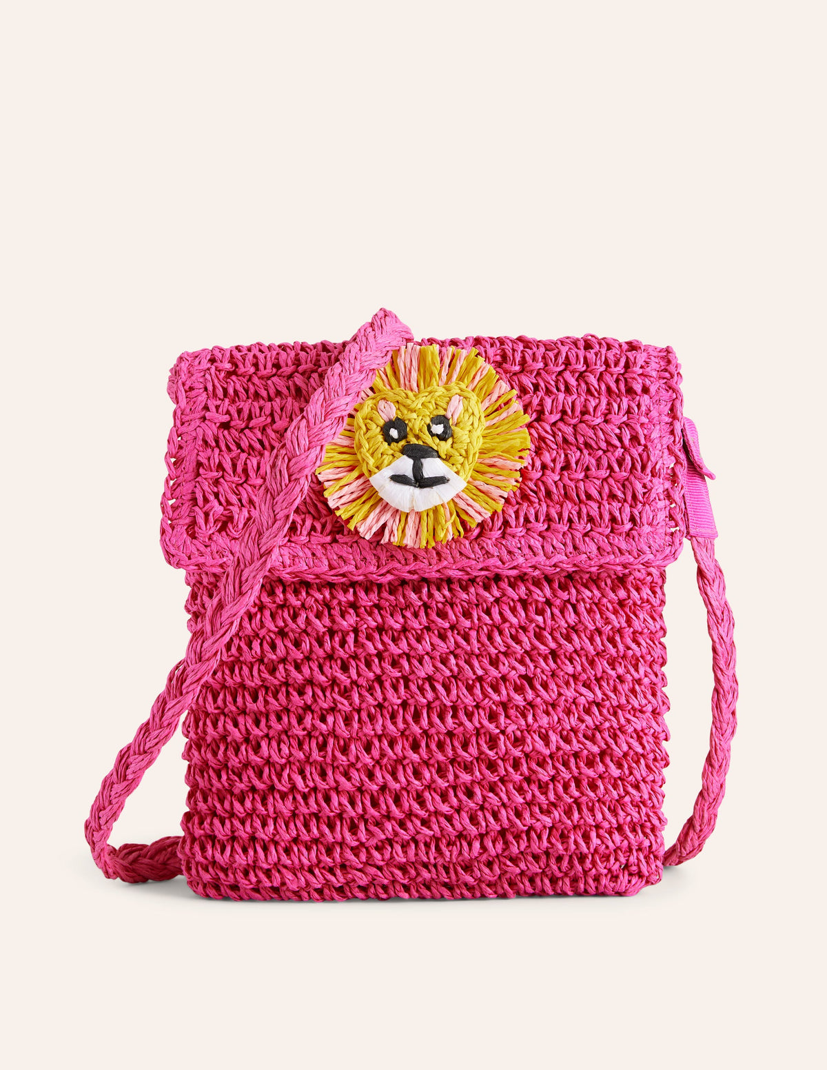 Cross-Body Straw Bag-Pink Lion Appliqué - Image 1