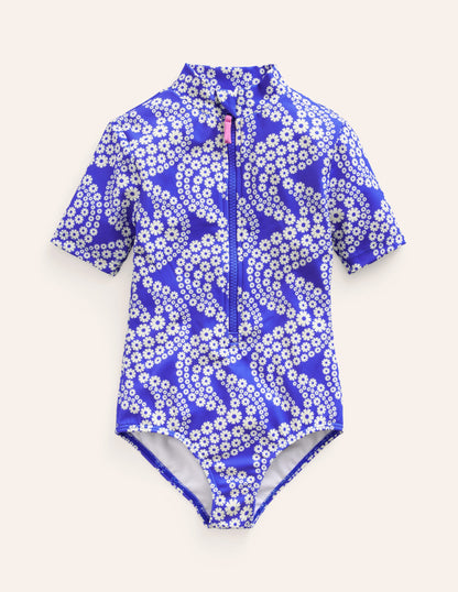 Short-sleeved Swimsuit-Dazzling Blue Daisy Wave-1