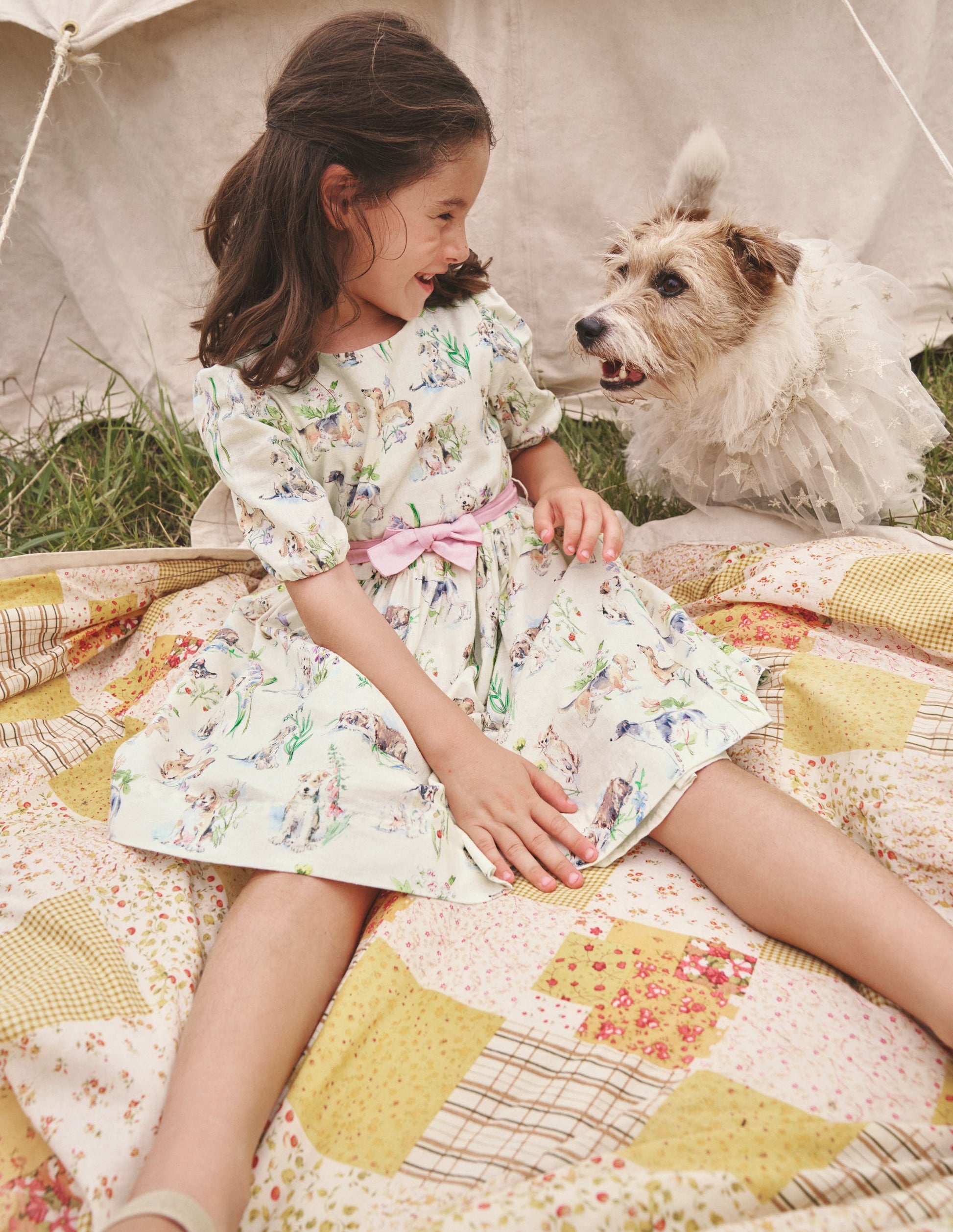 Cotton Linen Vintage Dress-Ivory Painted Puppies-4