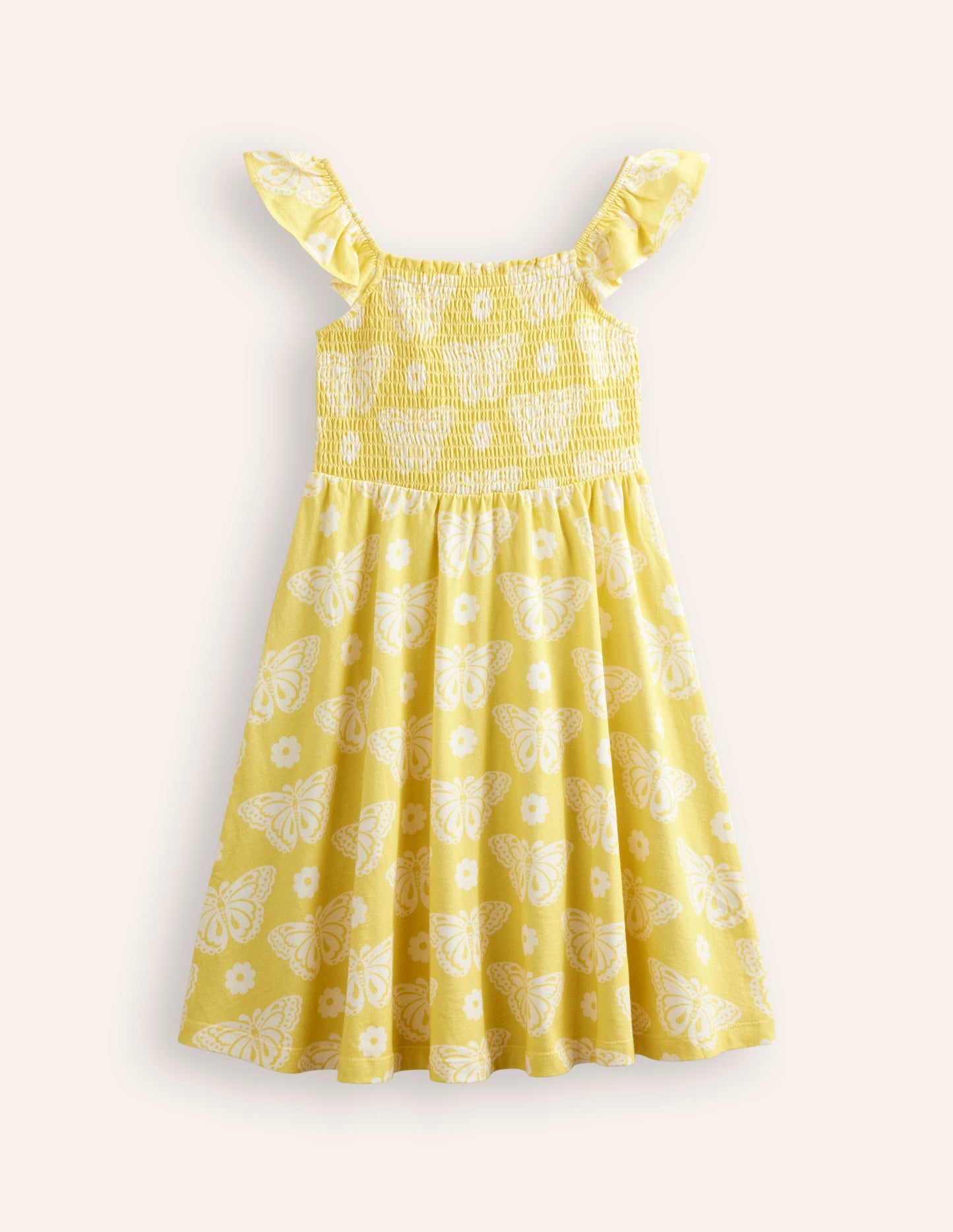 Shirred Jersey Dress-Yellow Butterfly Stamp
