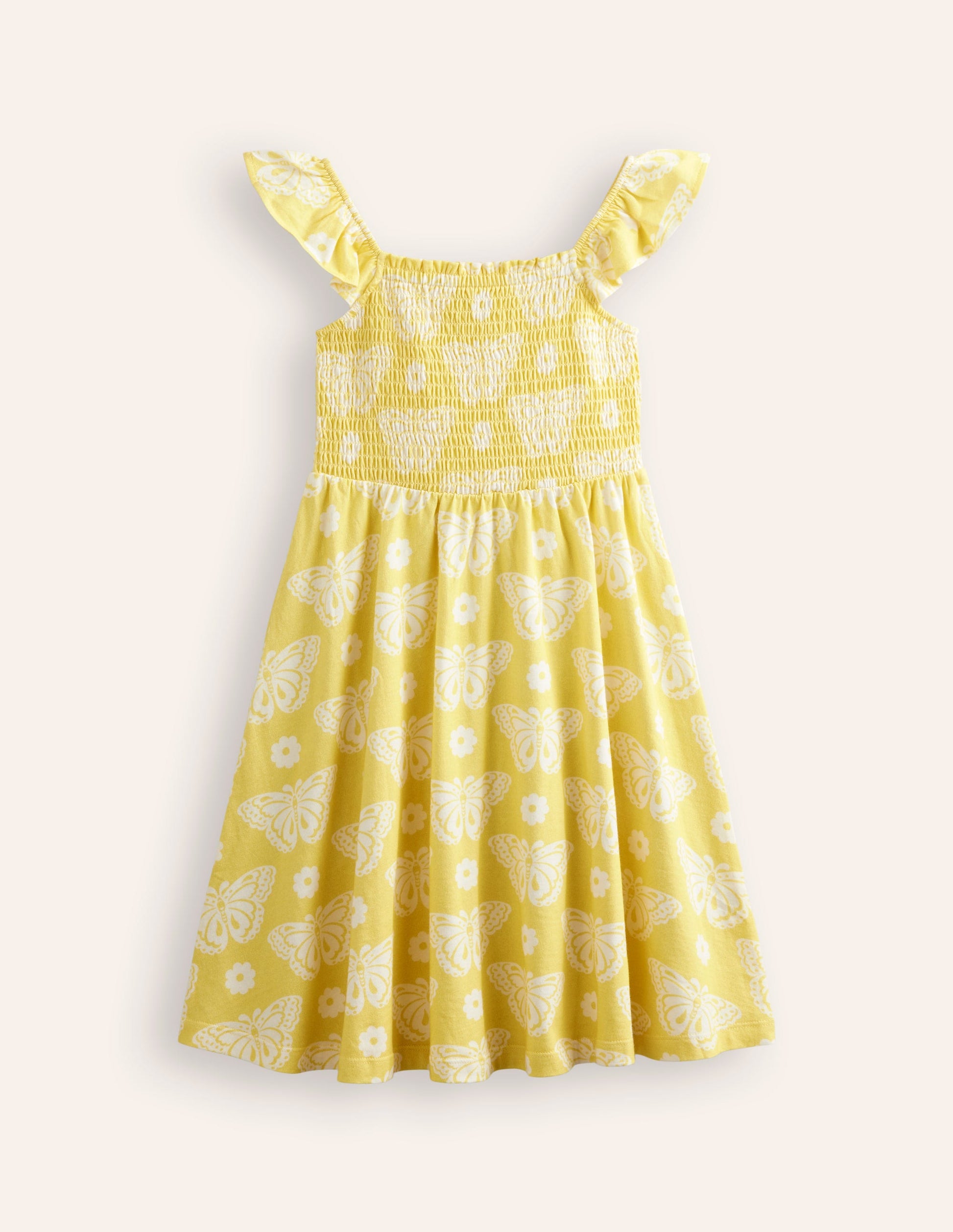 Shirred Jersey Dress-Yellow Butterfly Stamp-1