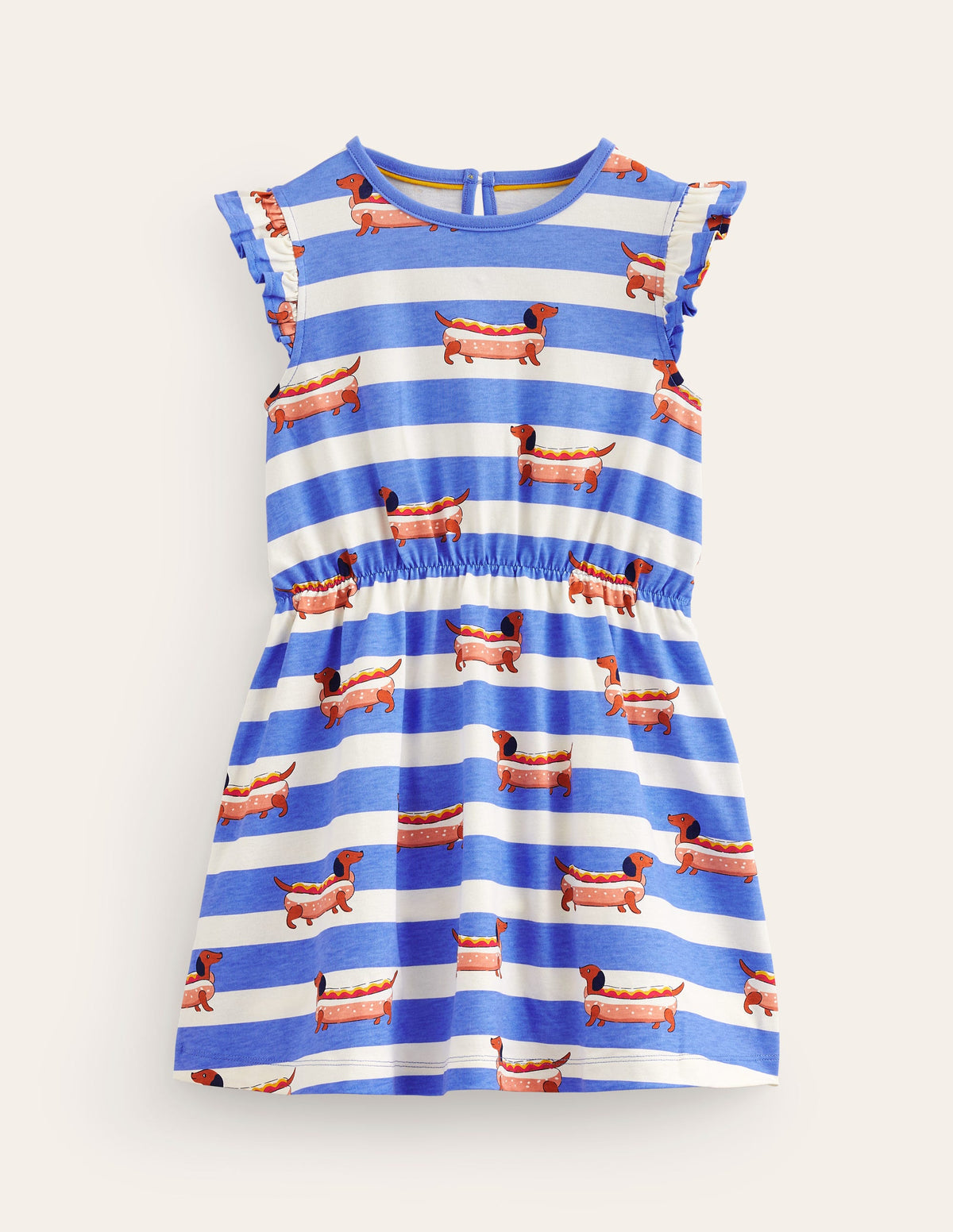 Frill Sleeve Jersey Dress-Surf Blue Hot Dog Stripe-1