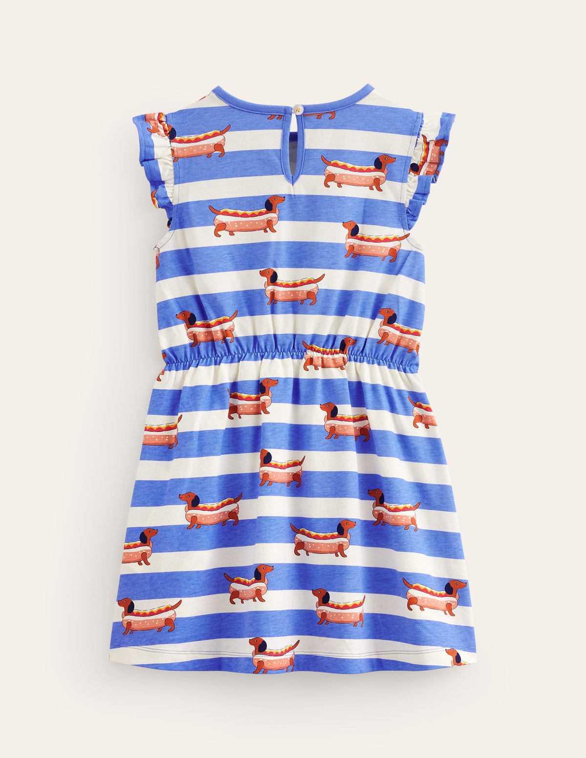 Frill Sleeve Jersey Dress-Surf Blue Hot Dog Stripe-2