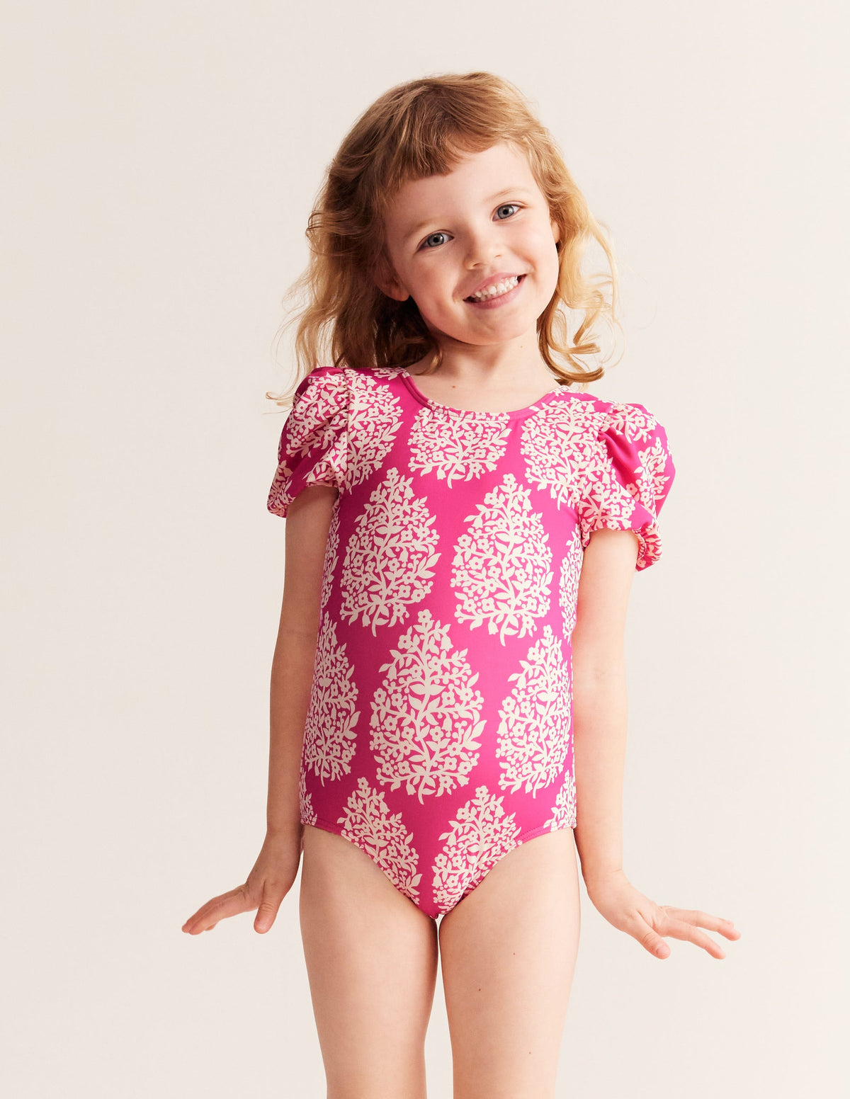 Printed Puff-sleeved Swimsuit-Pink Small Flower Stamp - Image 1
