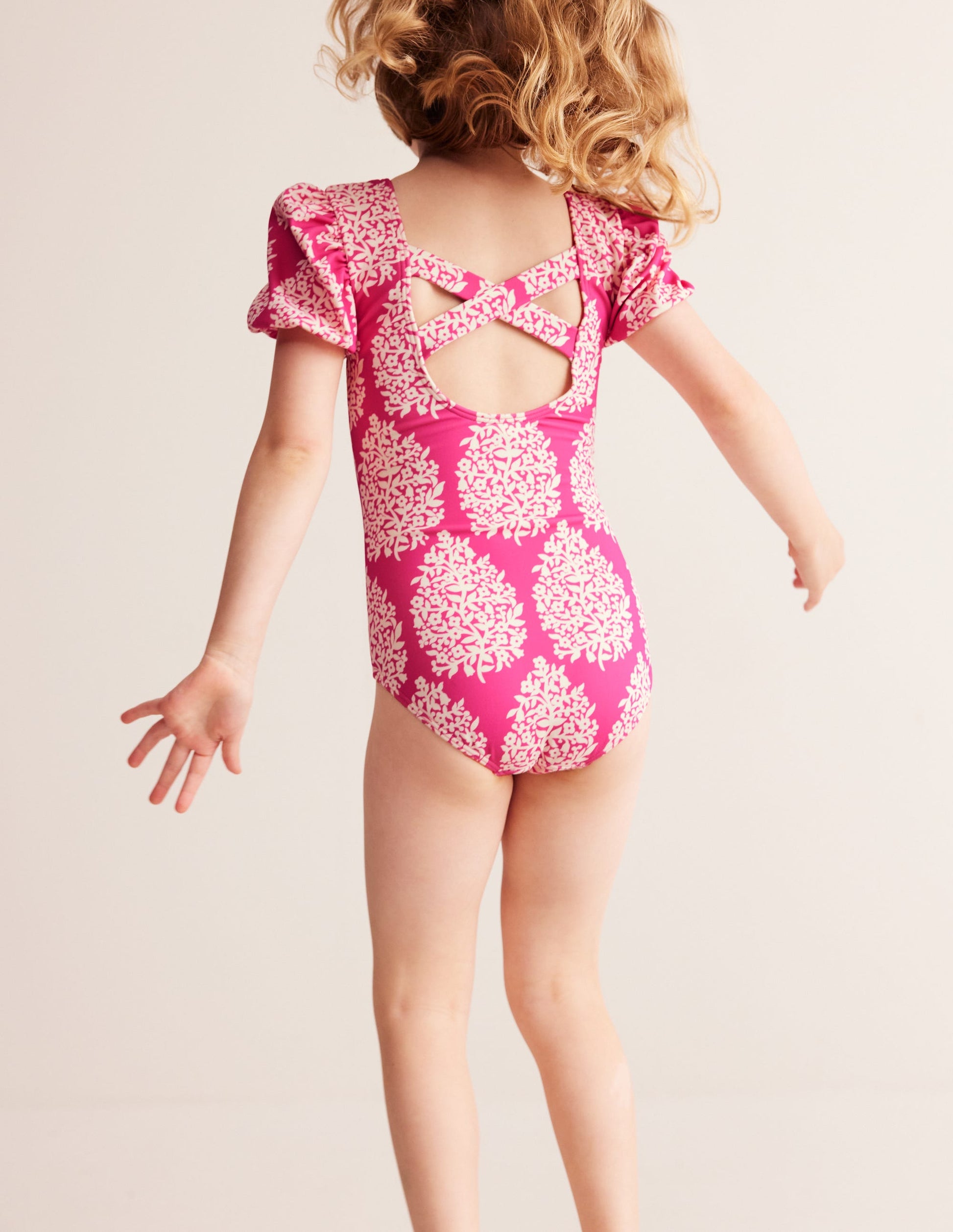 Printed Puff-sleeved Swimsuit-Pink Small Flower Stamp-2