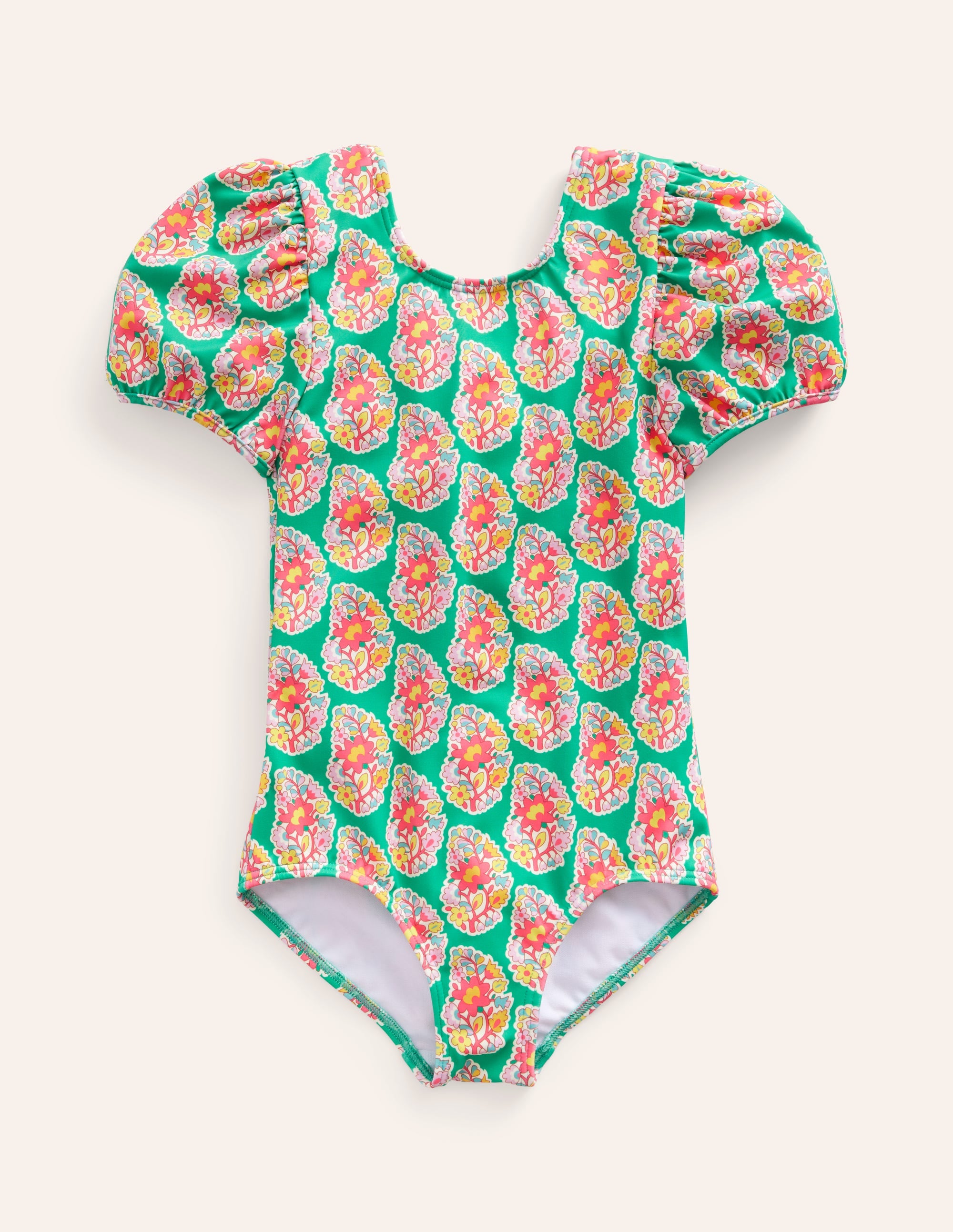 Printed Puff-sleeved Swimsuit-Jade Green Paisley - Image 1