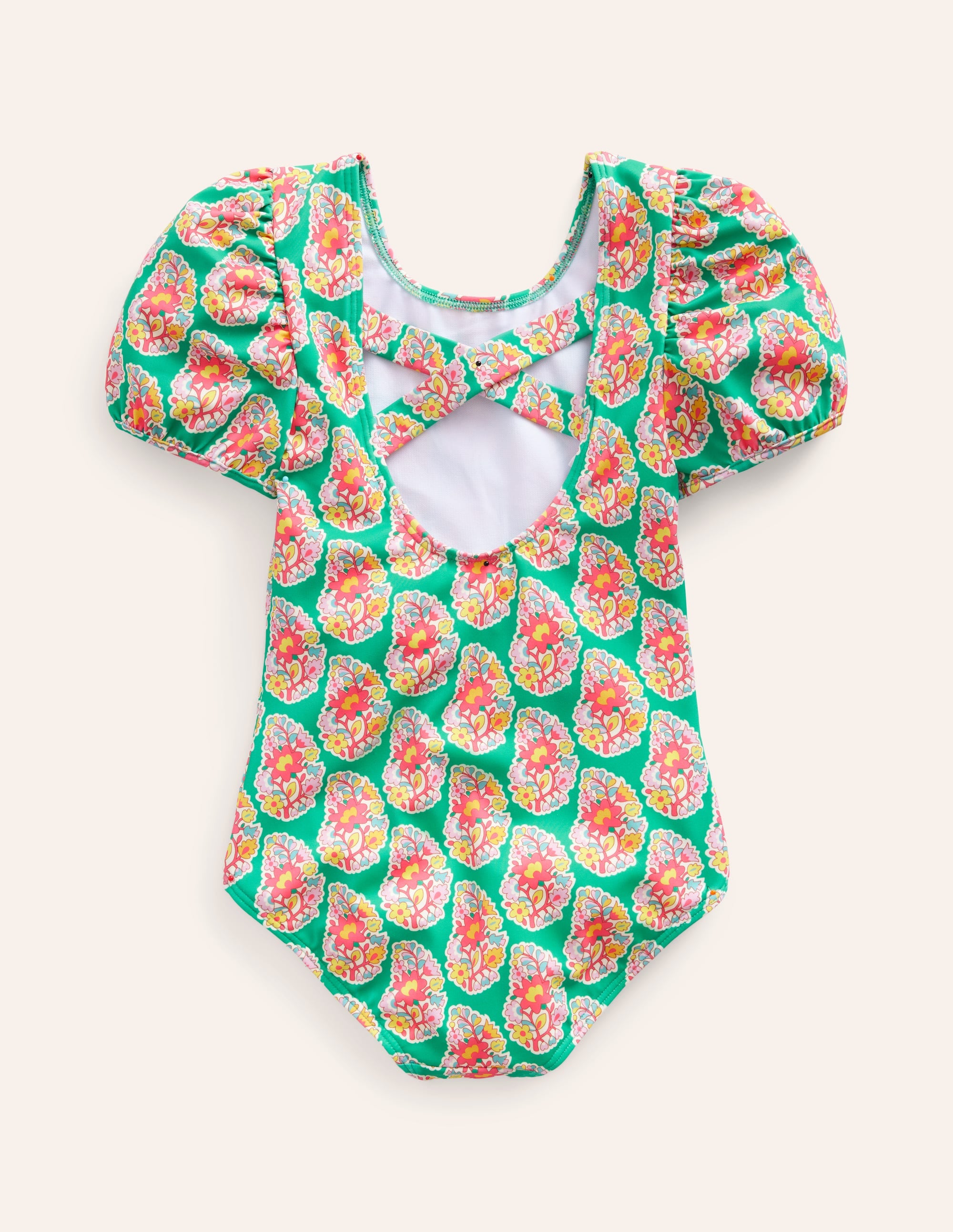 Printed Puff-sleeved Swimsuit-Jade Green Paisley - Image 2