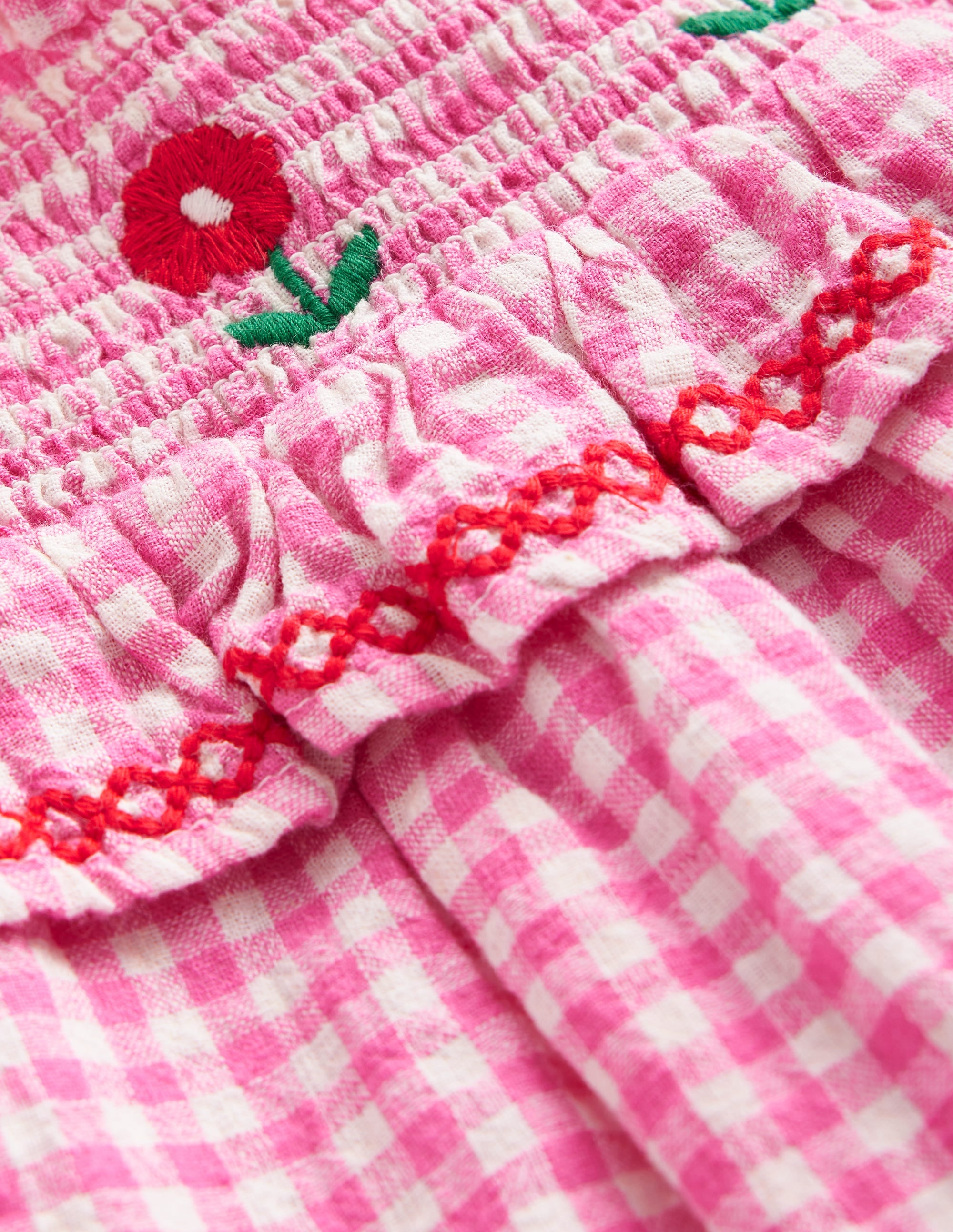 Embroidered Shirred Top-Pink Gingham - Image 3