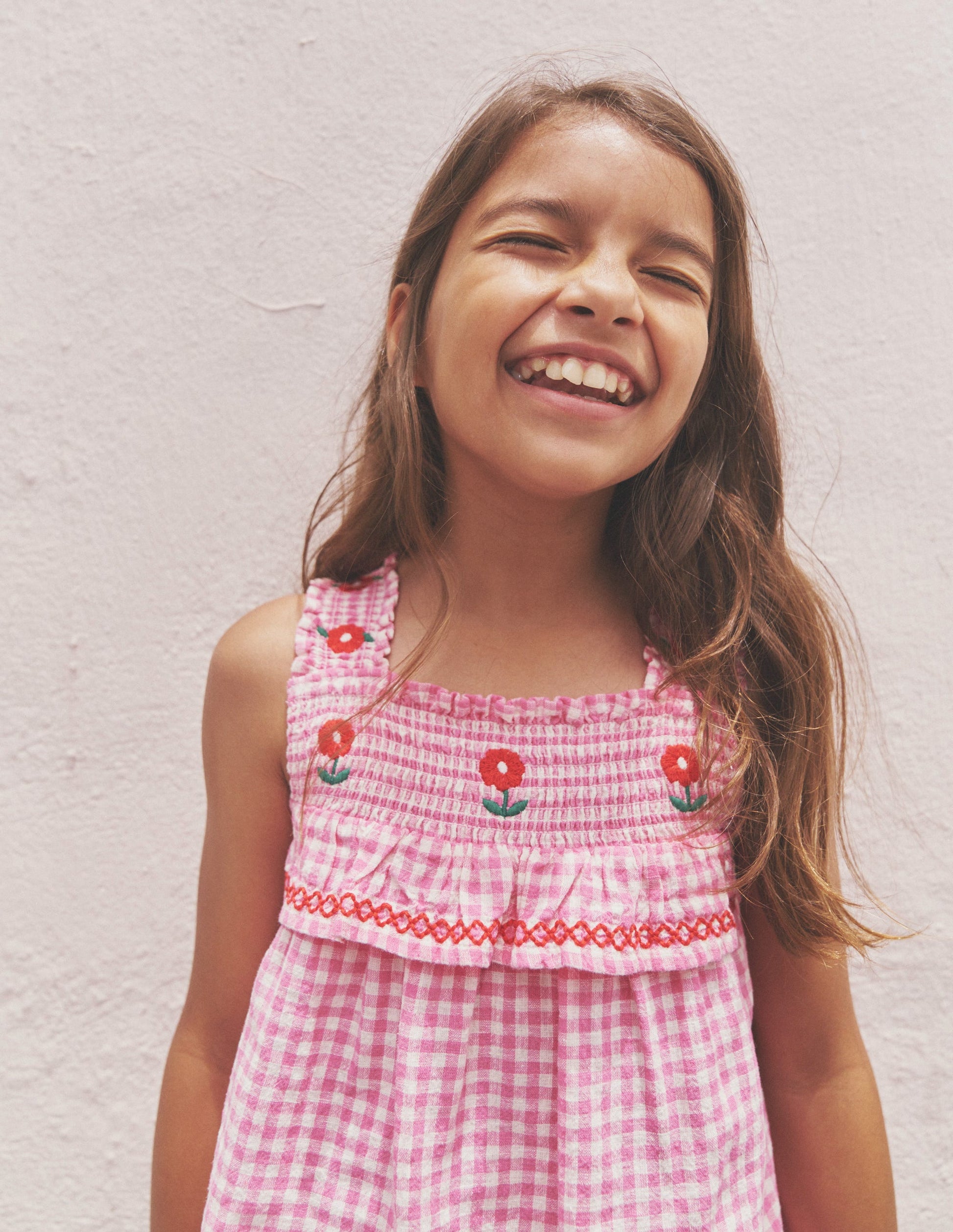 Embroidered Shirred Top-Pink Gingham-4