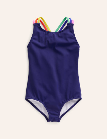 Rainbow Cross-Back Swimsuit-College Navy-1