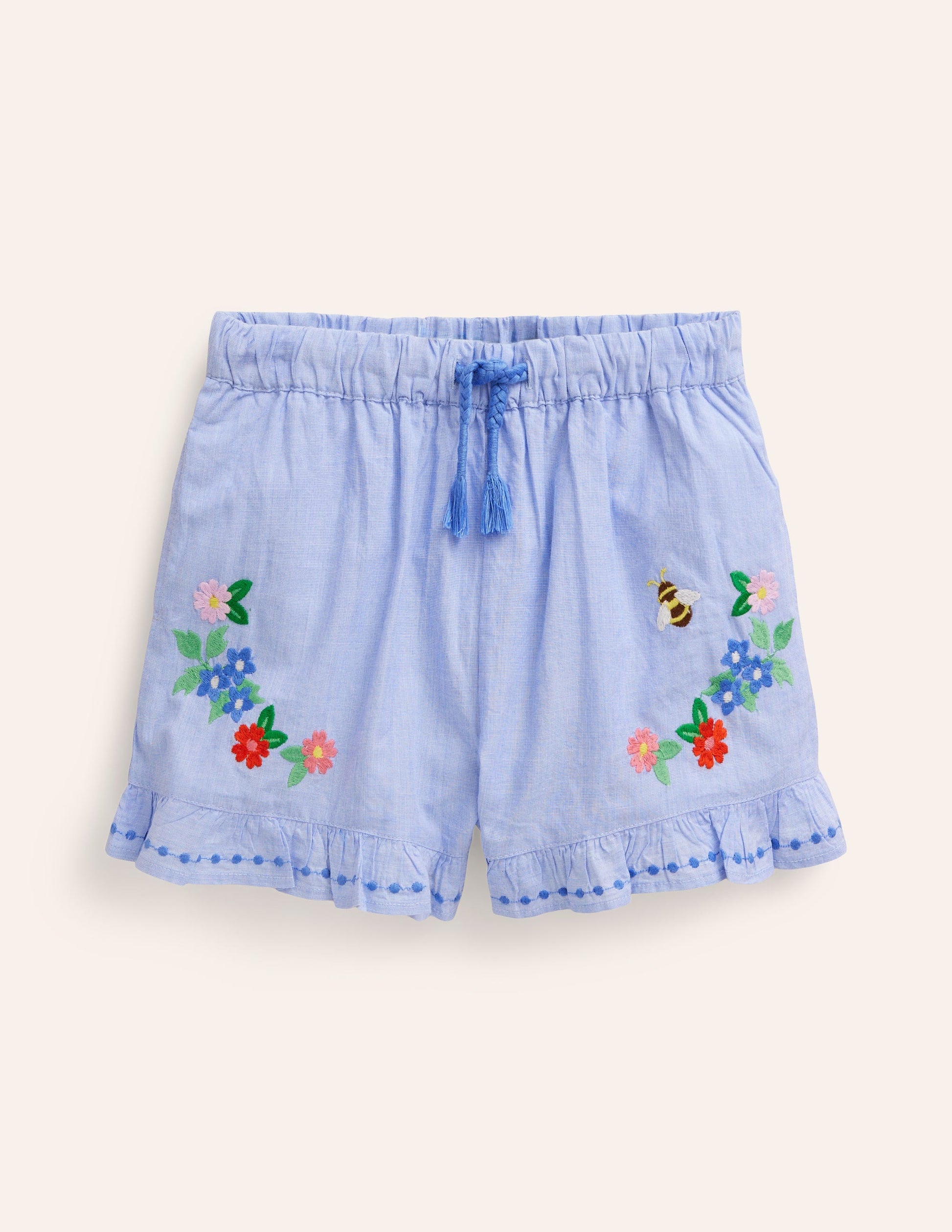 Frill Hem Woven Shorts-End on End Embroidery-1