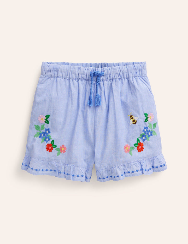 Frill Hem Woven Shorts-End on End Embroidery