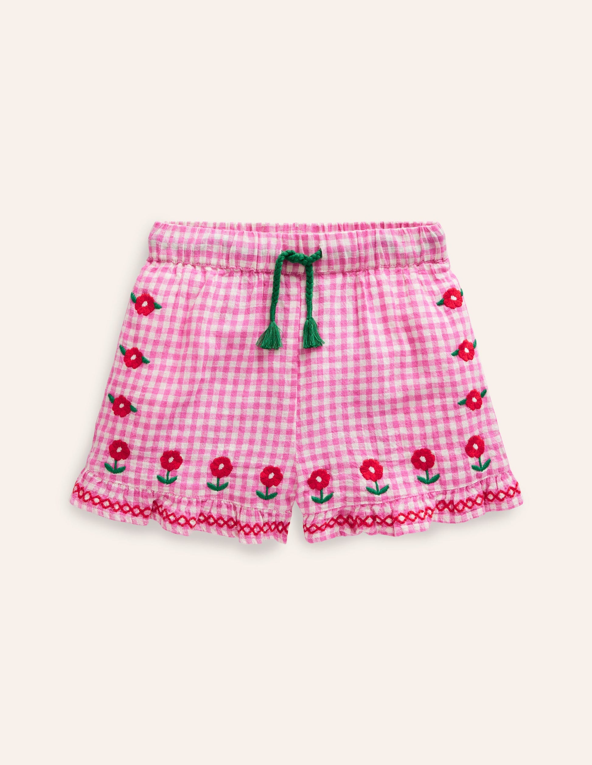 Frill Hem Woven Shorts-Pink/ Ivory Gingham-1