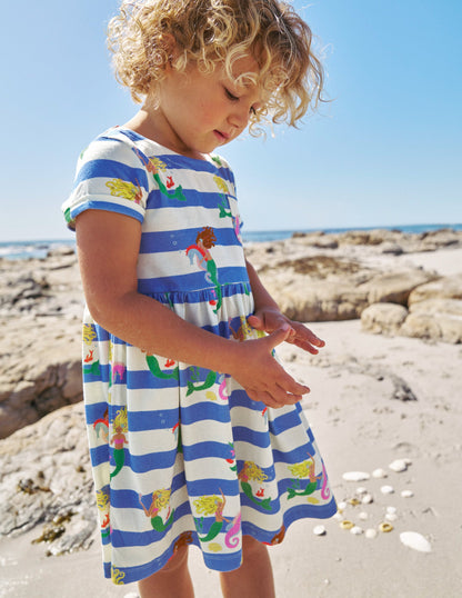 Short-sleeved Fun Jersey Dress-Surf Blue Mermaid Stripe-4