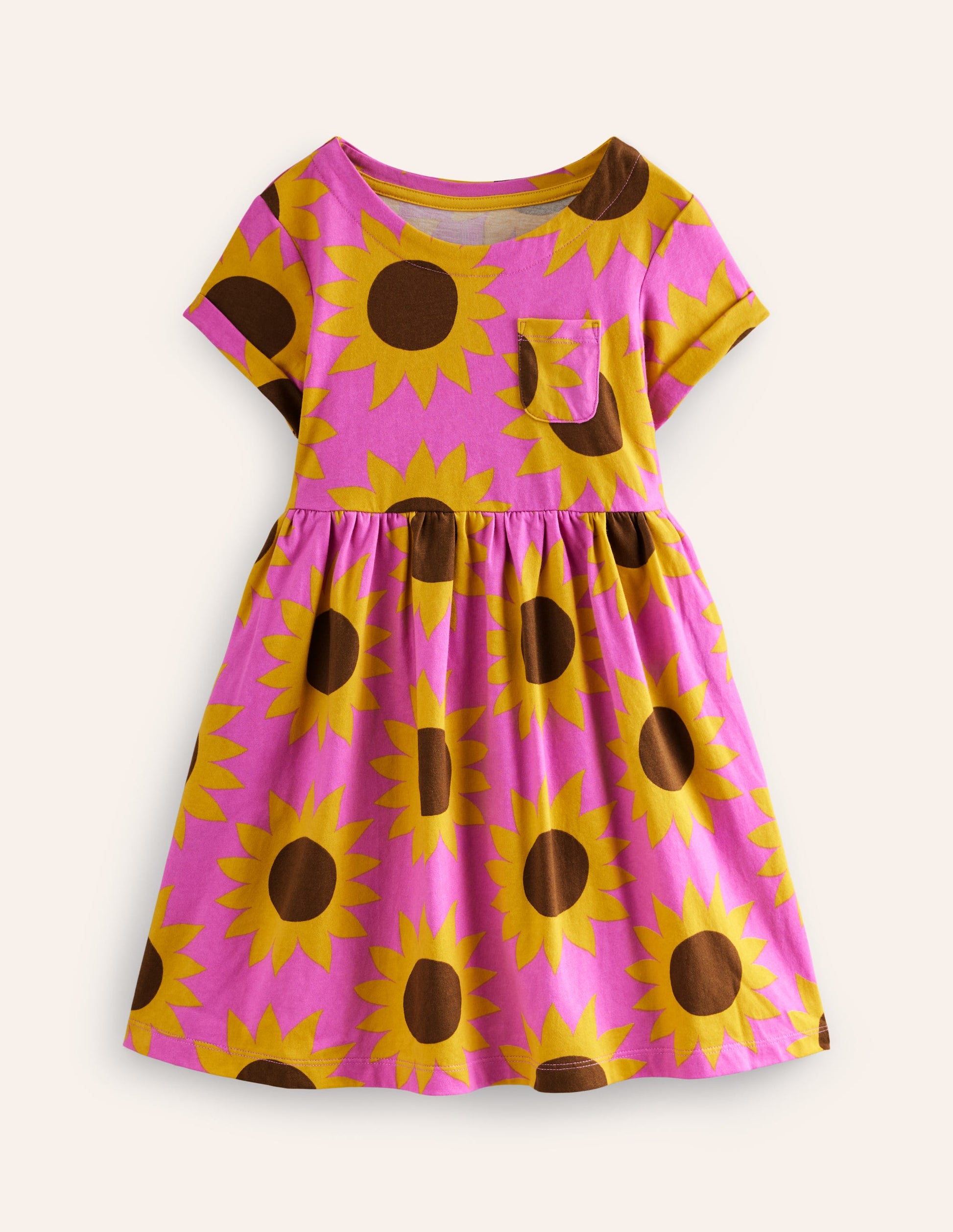 Short-sleeved Fun Jersey Dress-Pink Sunflower Geo-1