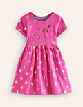 Short-sleeved Fun Jersey Dress-Tickled Pink/Gold Suns
