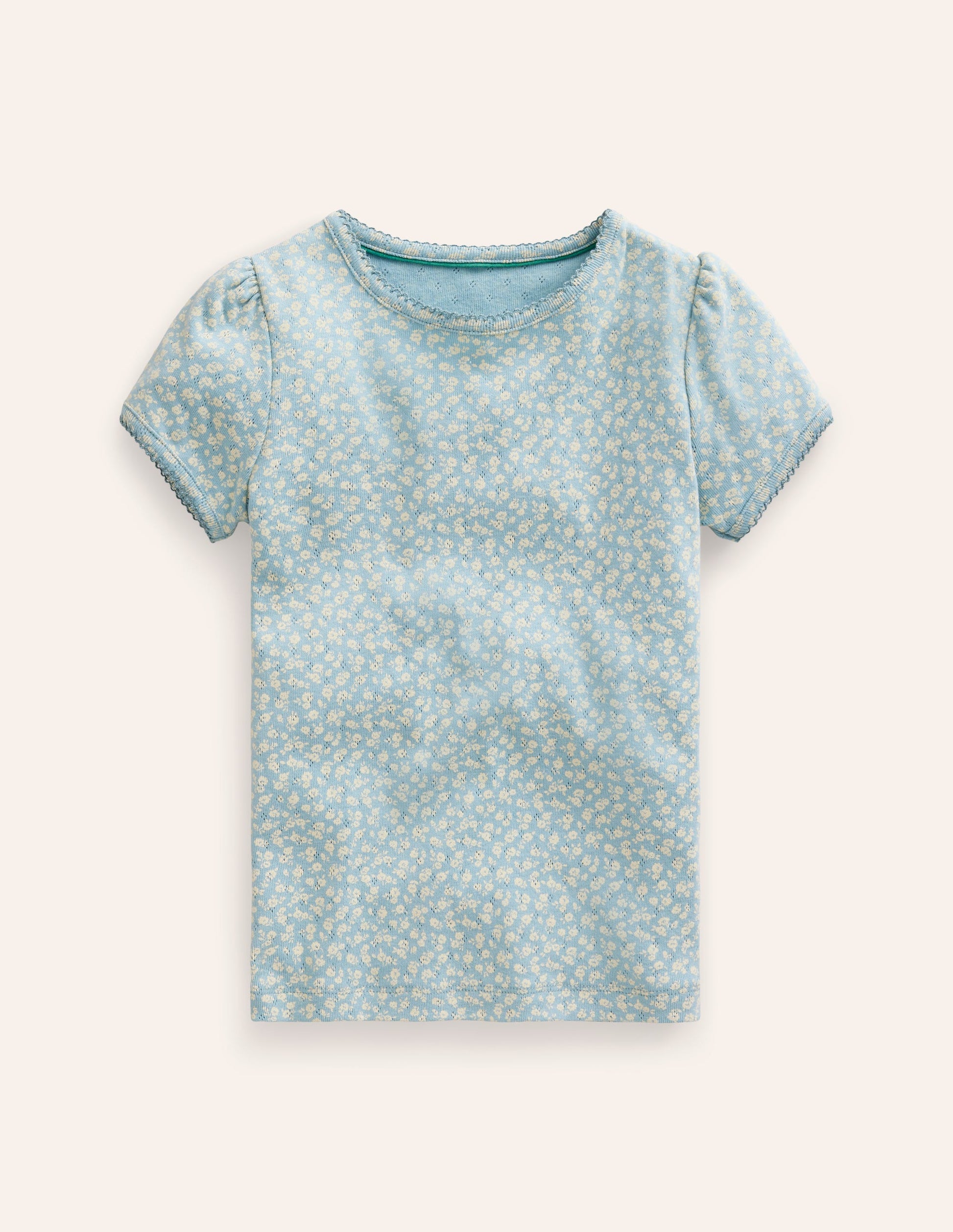 Short-sleeved Pointelle Top-Vintage Blue Floral-1