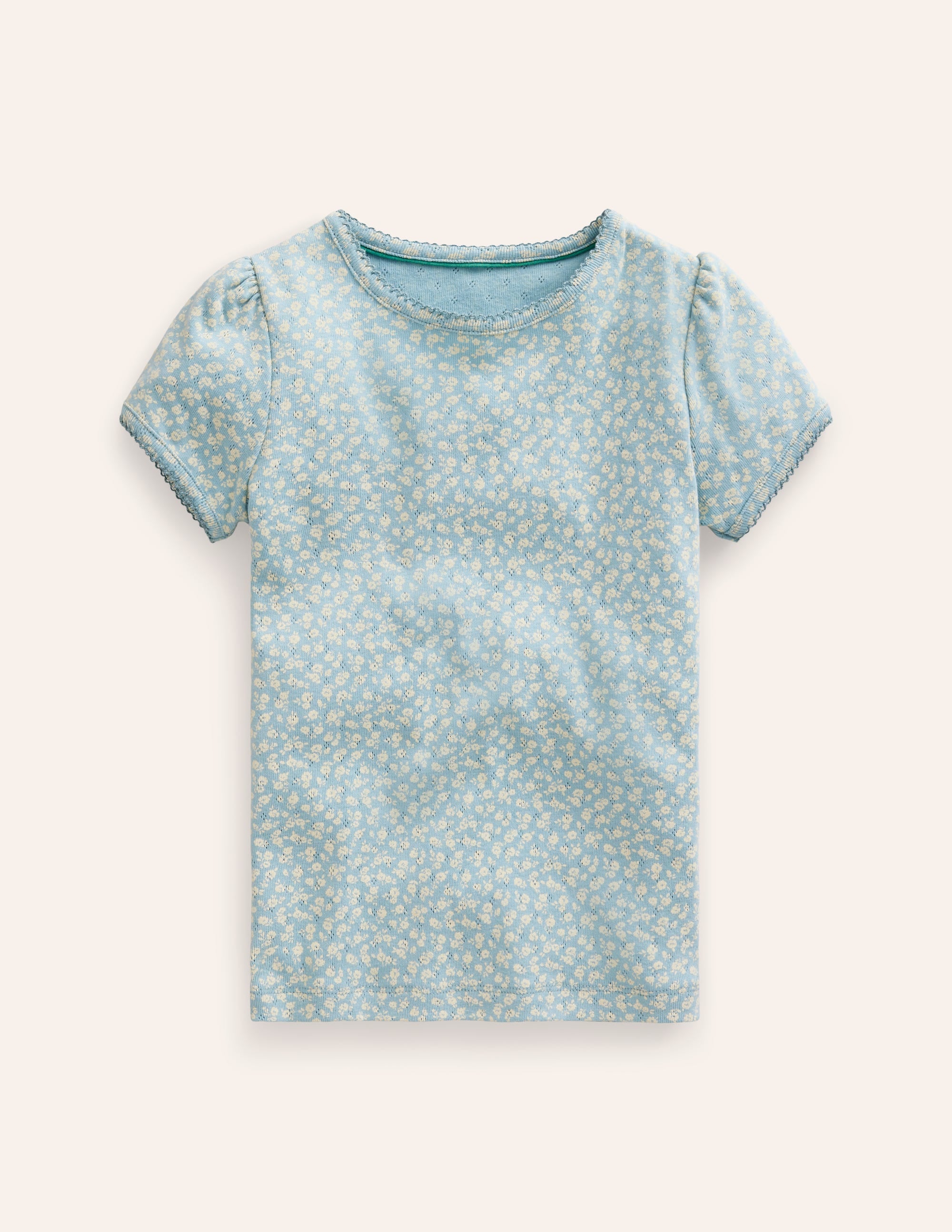 Short-sleeved Pointelle Top-Vintage Blue Floral - Image 1