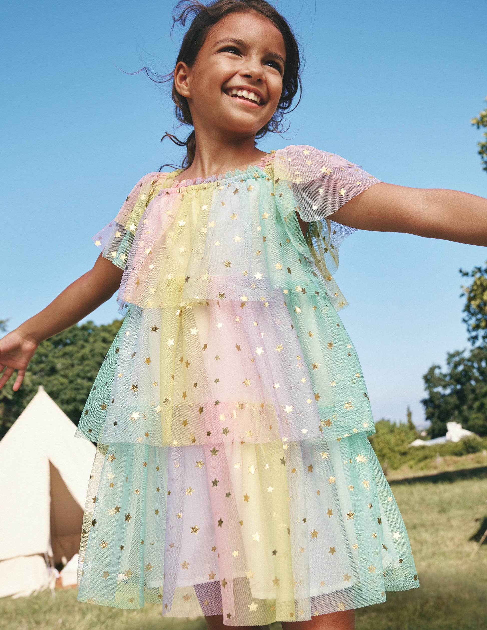 Tiered Tulle Dress-Multi Ombre Gold Foil Star-4