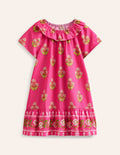 Frill Neck Woven Dress-Pink Small Woodblock
