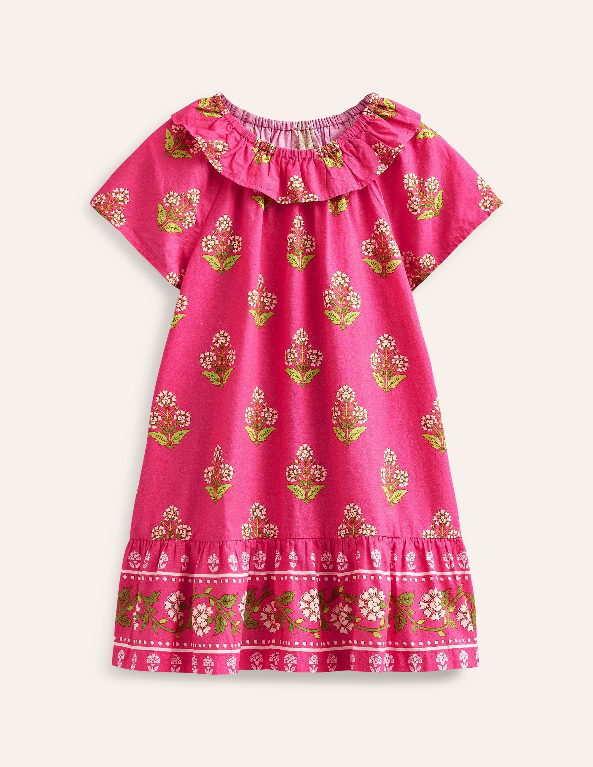 Frill Neck Woven Dress-Pink Small Woodblock - Image 1