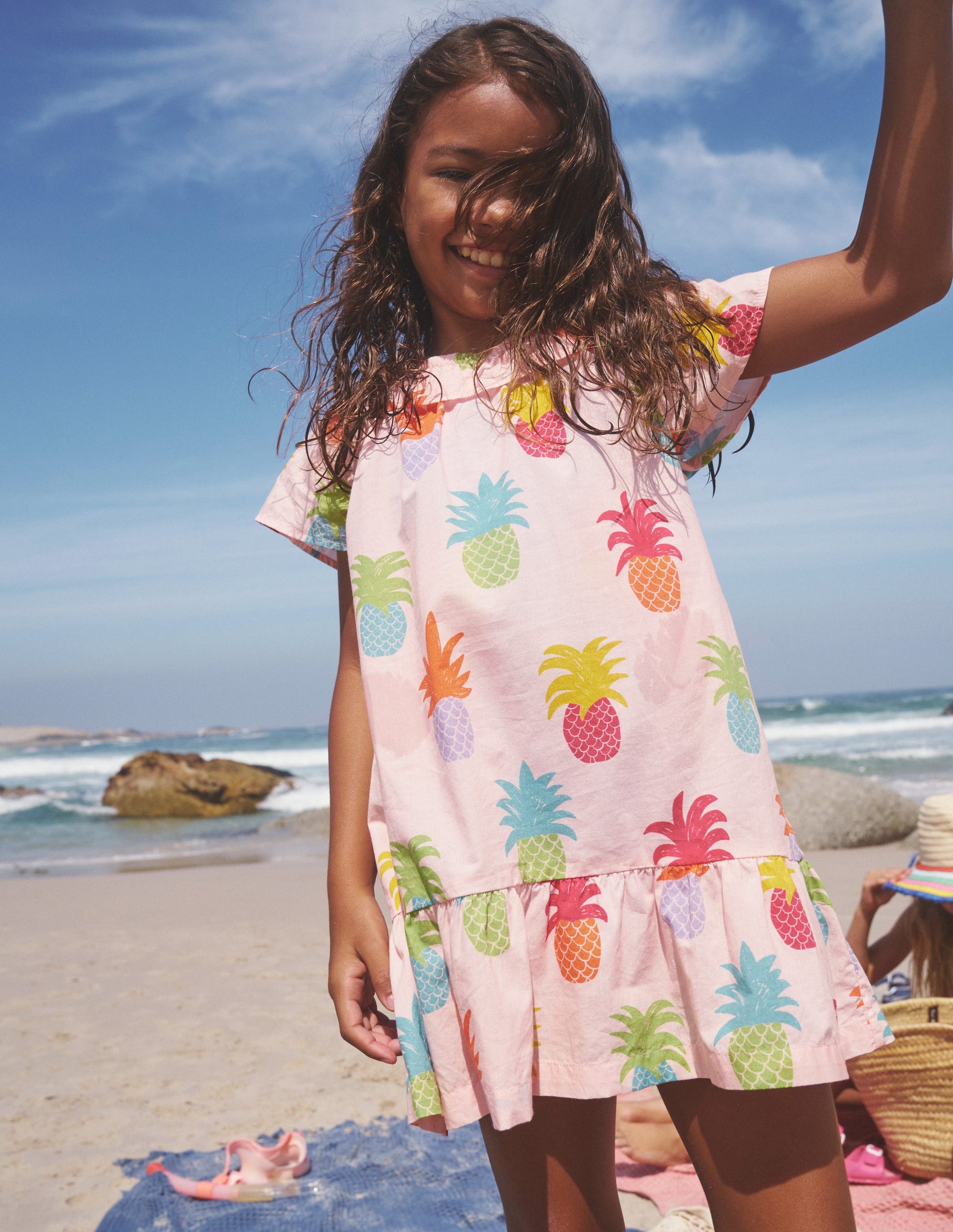 Frill Neck Woven Dress-Blooming pink Pineapples-4