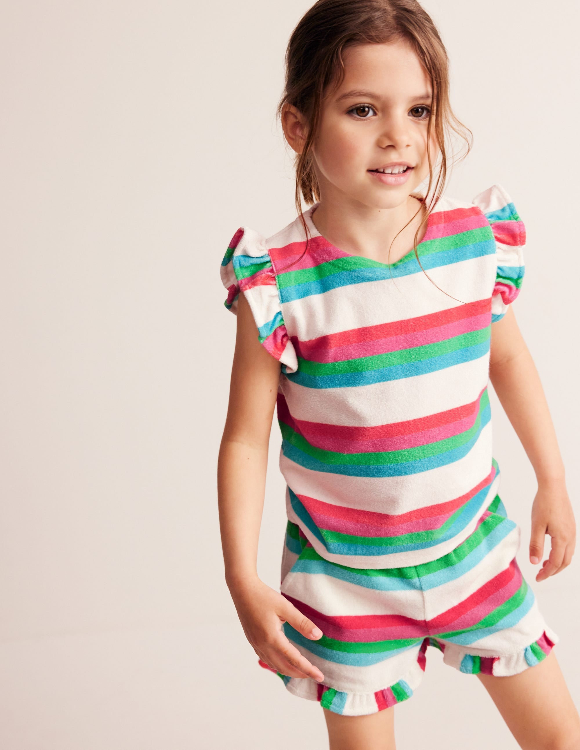 Frill Sleeve Towelling Top-Multistripe - Image 1