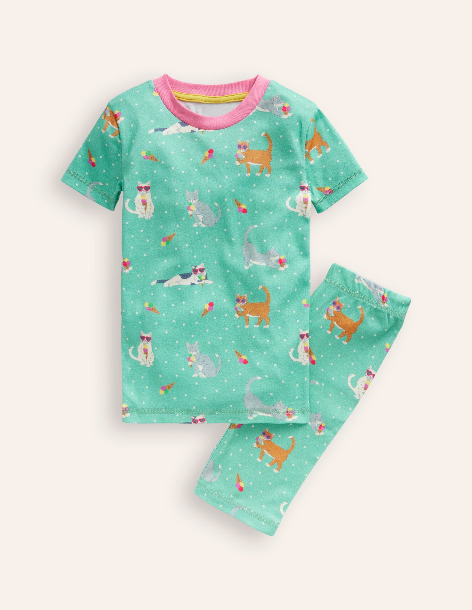 Snug Short John Pyjamas-Aqua Sea Blue Holiday Cats-1