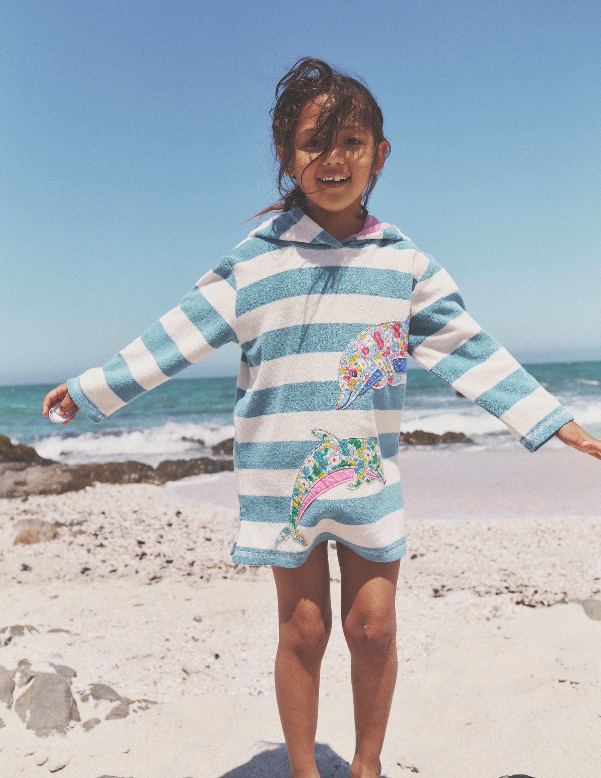 Appliqué Towelling Throw-On-Aqua Blue/ Ivory Dolphin-4