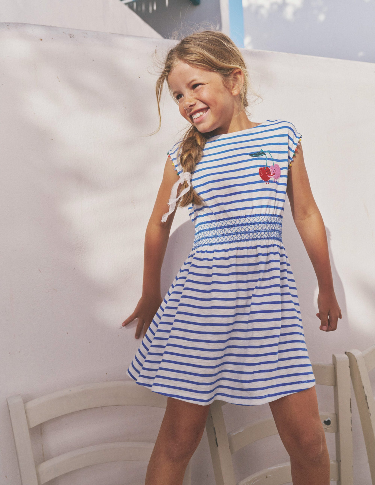 Shirred Waist Jersey Dress-Greek Blue/ Ivory Cherries - Image 4