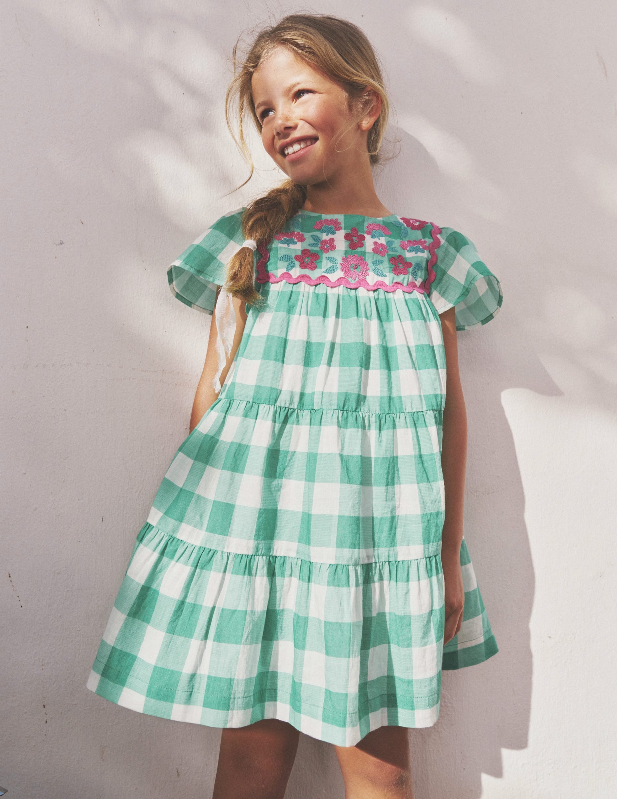 Gingham embroidered dress-Pea Green/ Ivory Gingham - Image 6