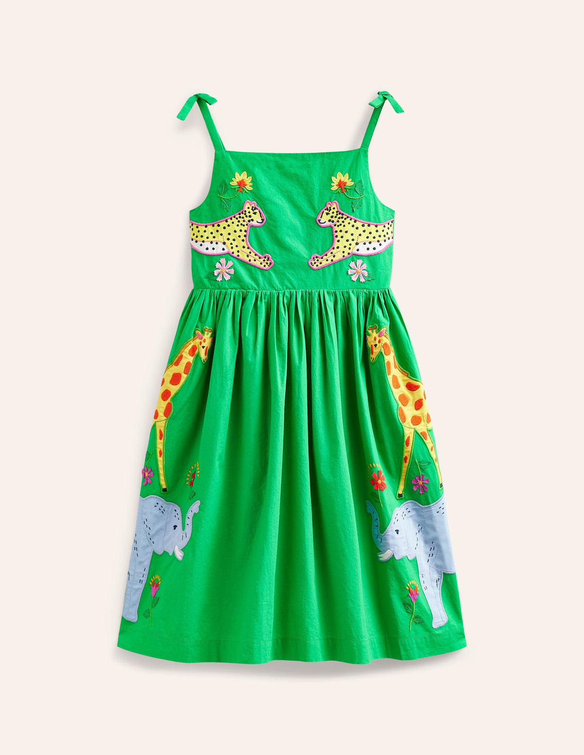 Appliqué Cotton Dress-Sapling Green Safari Animals - Image 1