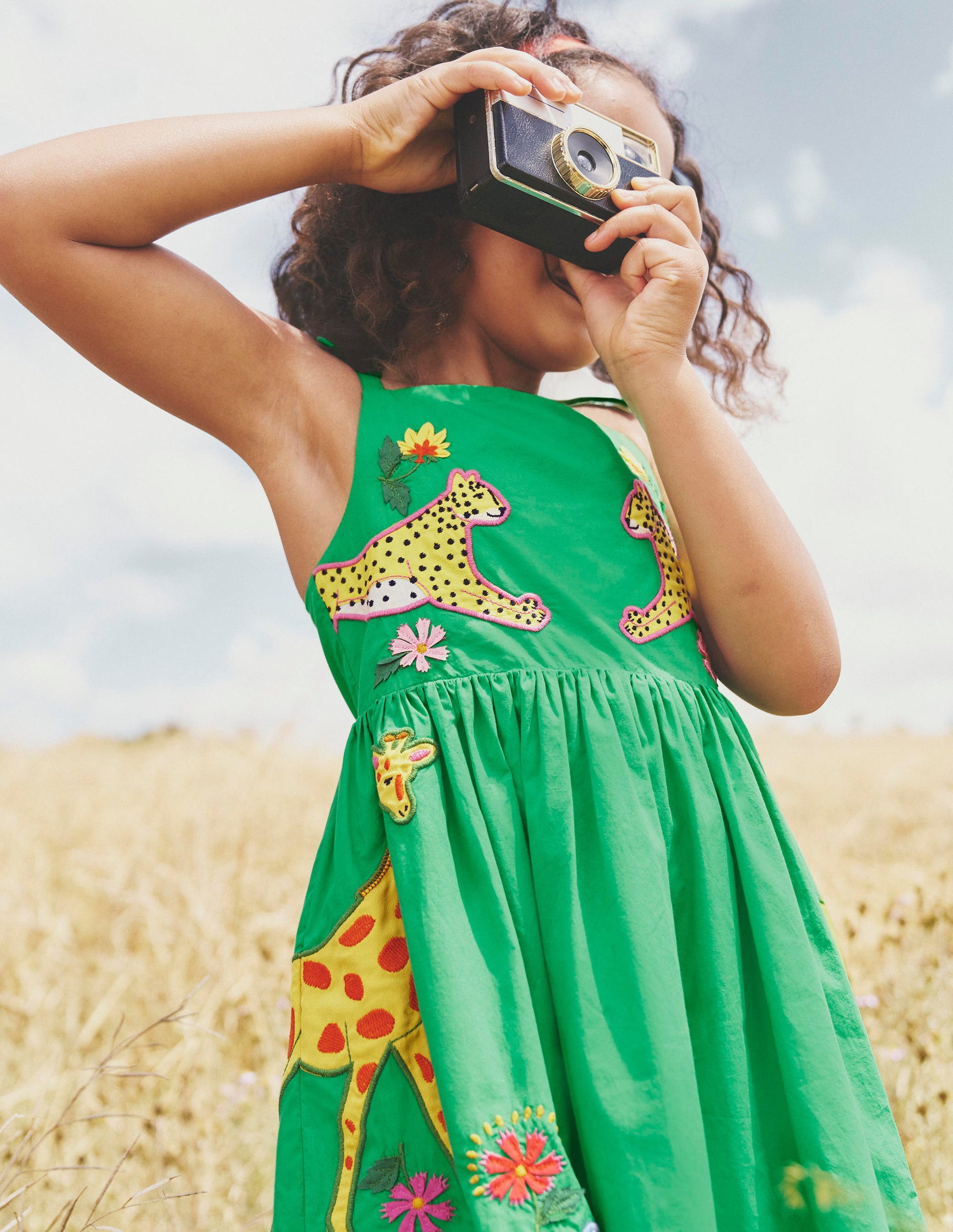 Appliqué Cotton Dress-Sapling Green Safari Animals-4