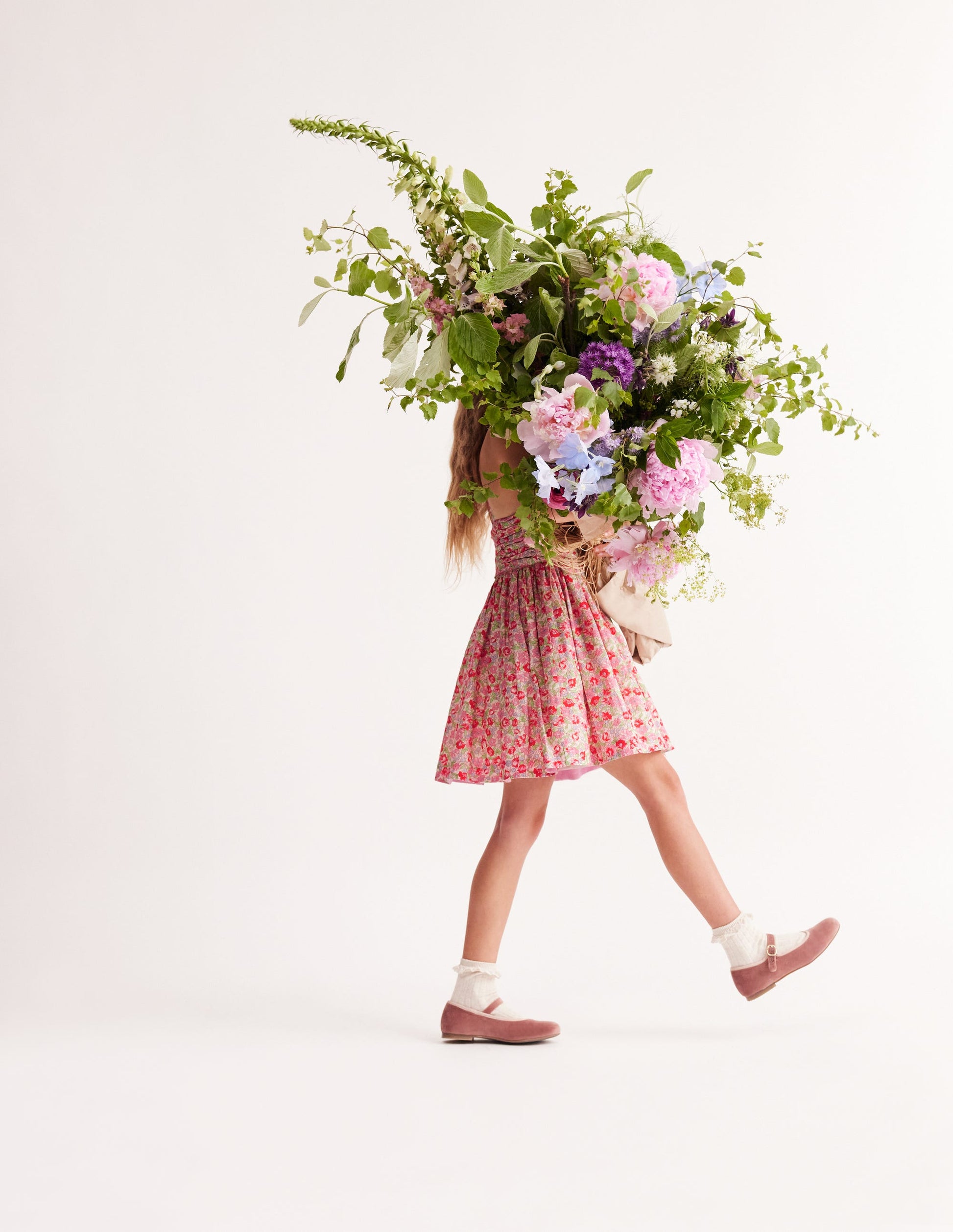 Ruched Cotton Linen Dress-Bubblegum Peony Floral-2