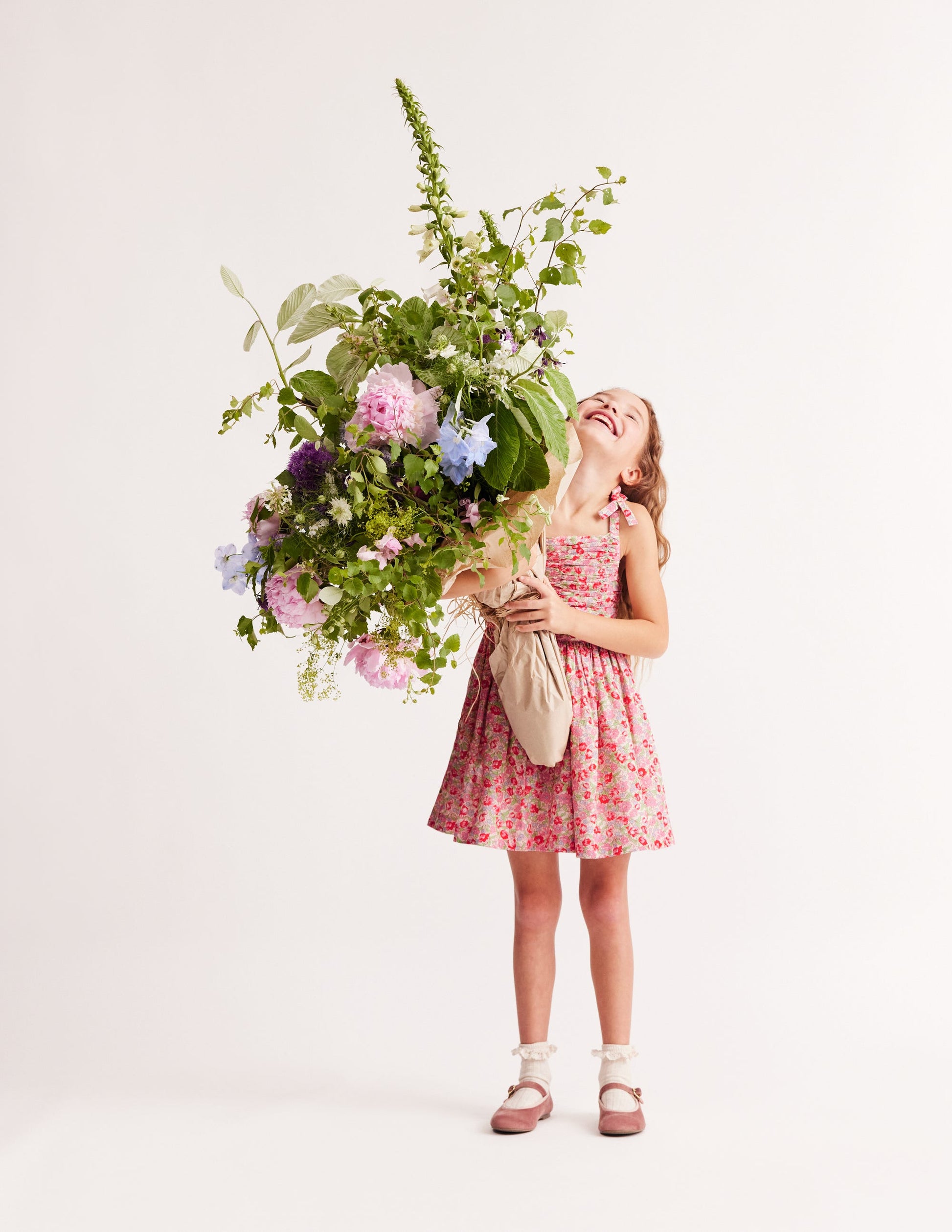 Ruched Cotton Linen Dress-Bubblegum Peony Floral-3