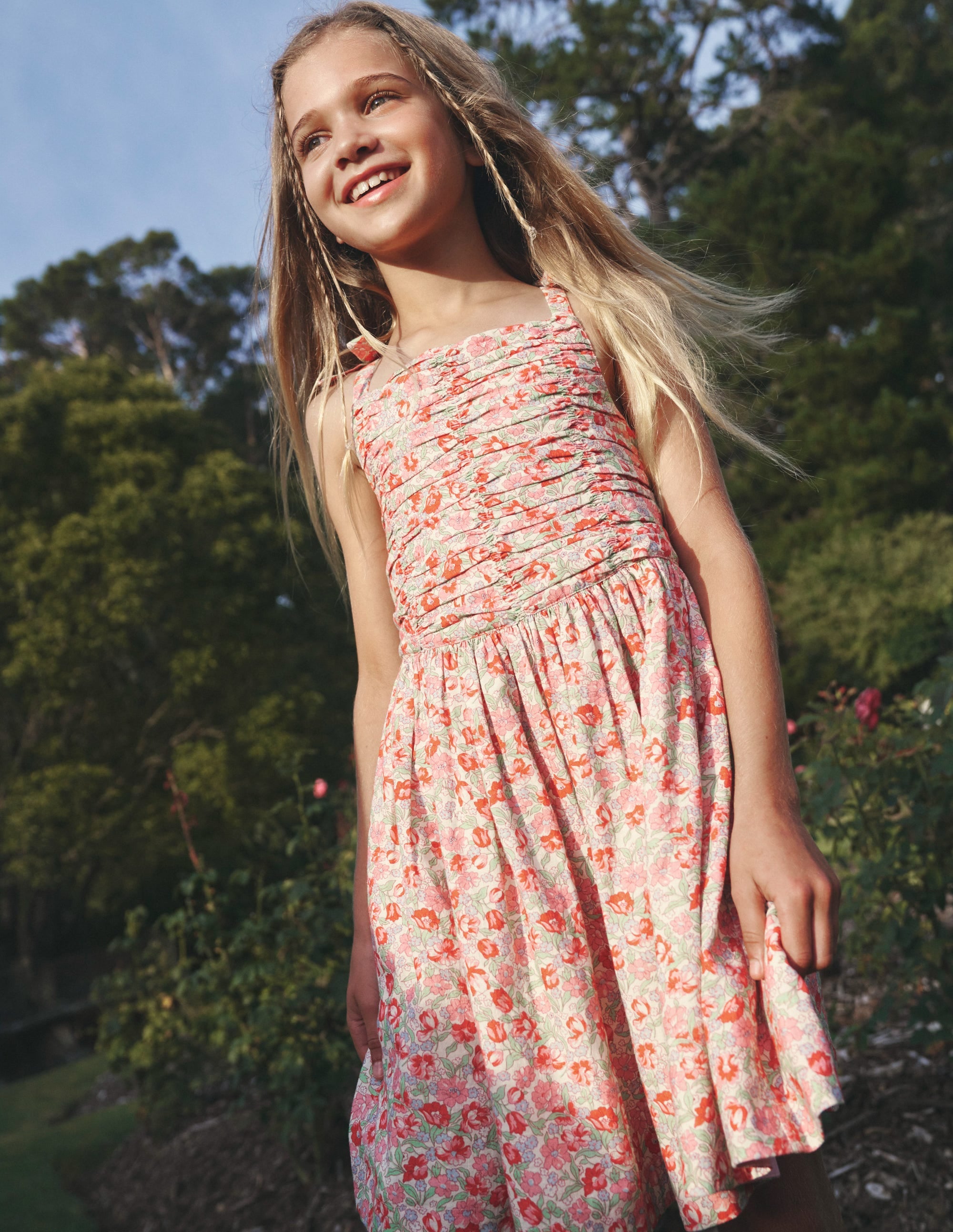 Ruched Cotton Linen Dress-Bubblegum Peony Floral - Image 8
