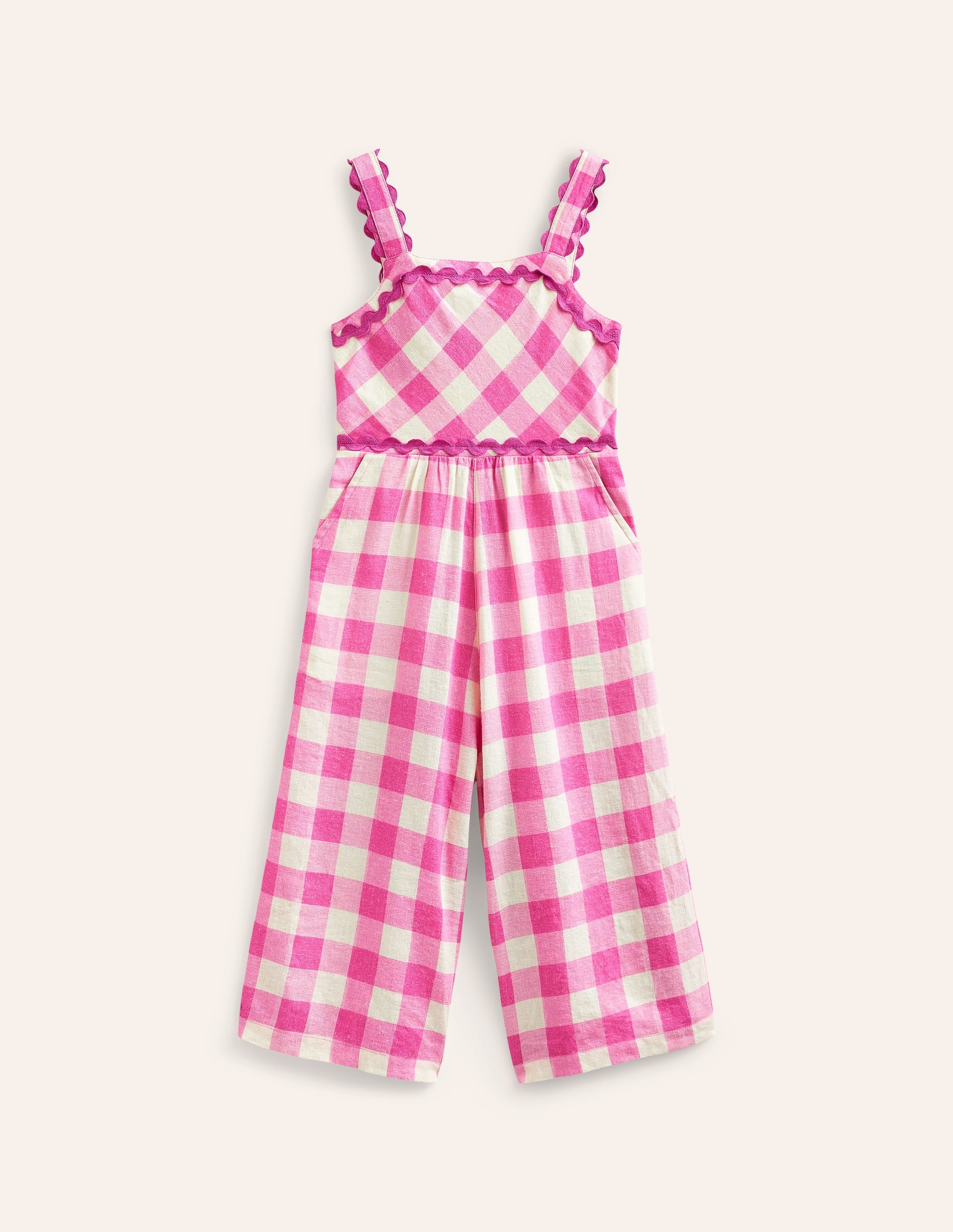 Wide Leg Ric Rac Jumpsuit-Pink Gingham - Image 1