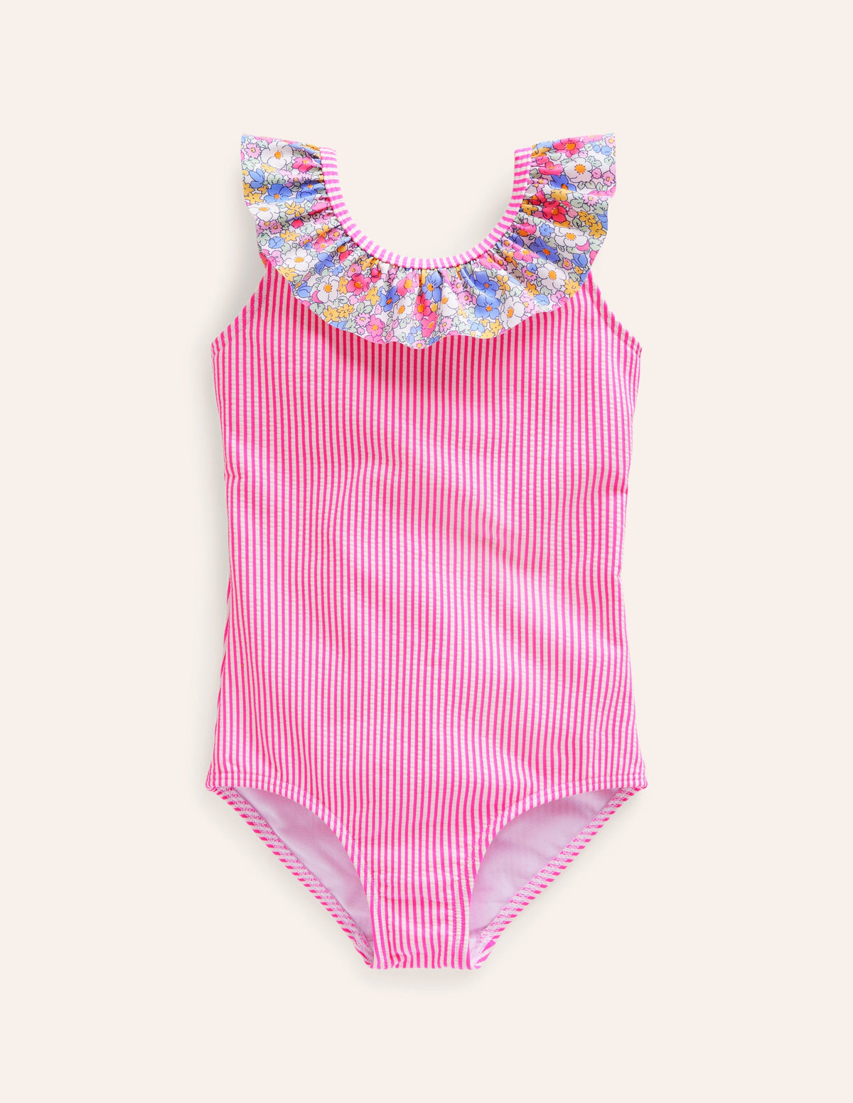 Frill Neck Swimsuit-Festival Pink Ticking Stripe - Image 1