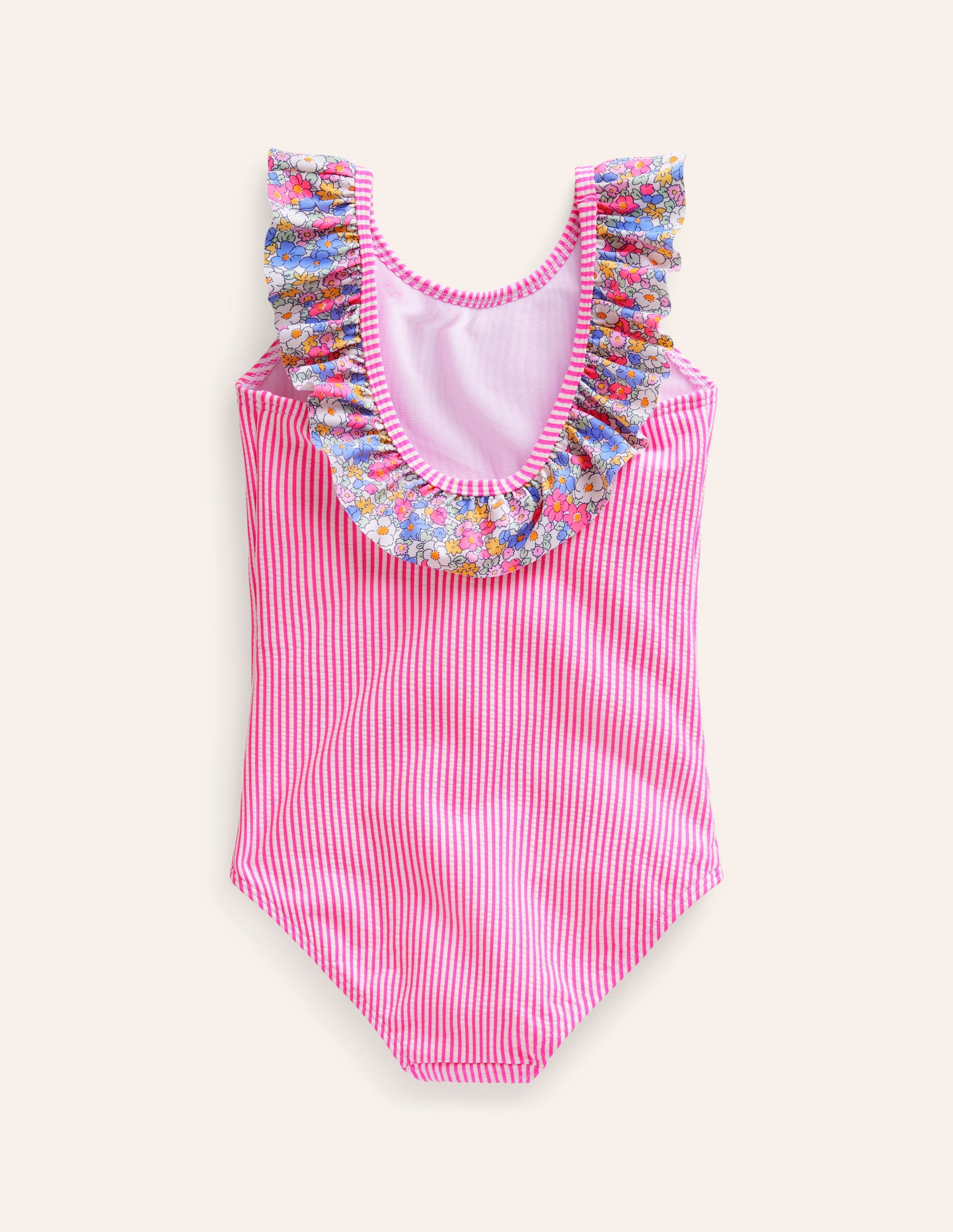 Frill Neck Swimsuit-Festival Pink Ticking Stripe-2